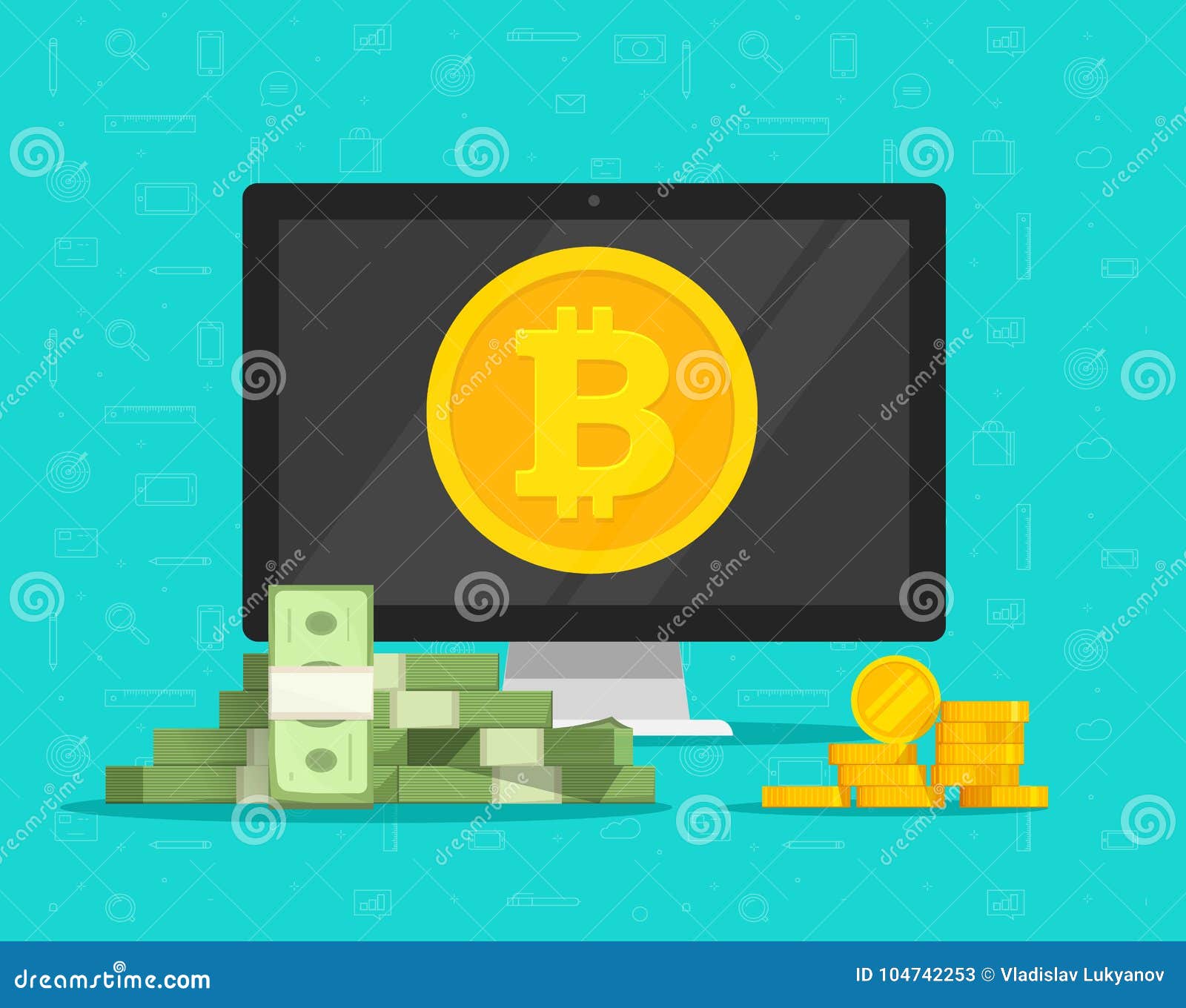 Bitcoin Mining Concept and Paper Money Exchange Vector Illustration, Flat  Cartoon of Desktop Computer Pc with Stock Vector - Illustration of concept,  investment: 104742253