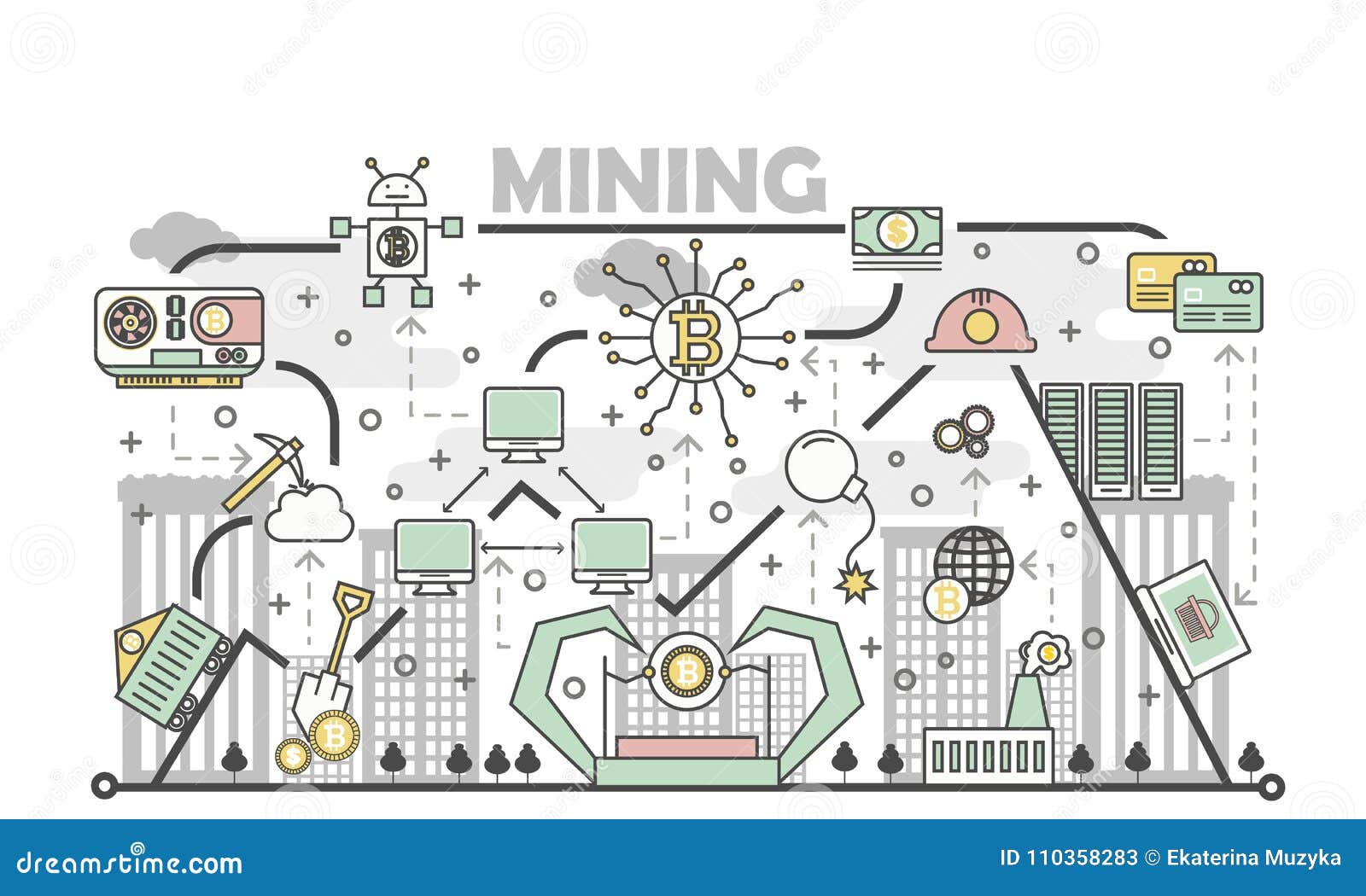 Bitcoin Mining Concept Vector Illustration In Flat Linear ...