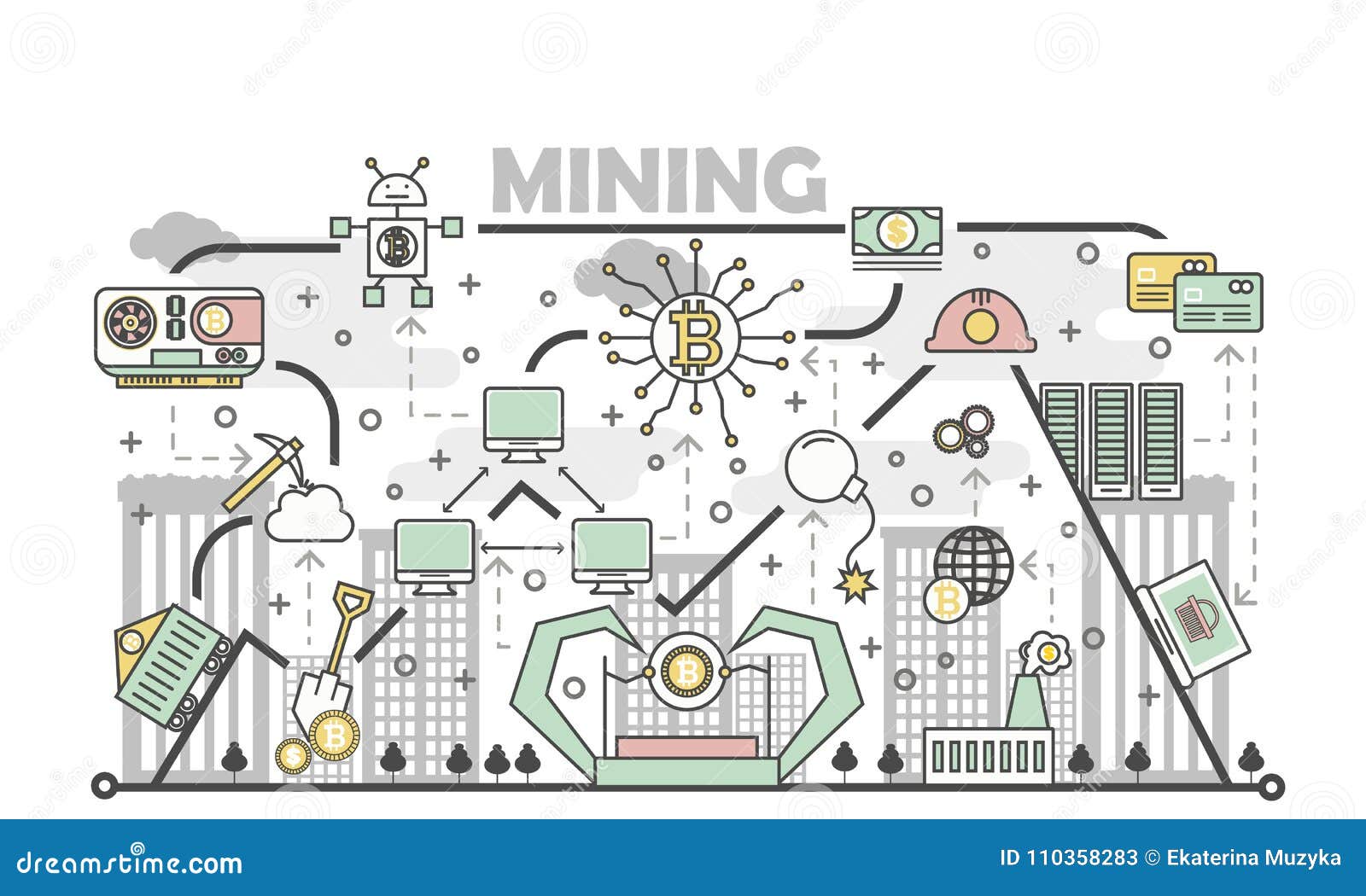 Bitcoin Mining Concept Vector Illustration In Flat Linear Style - 