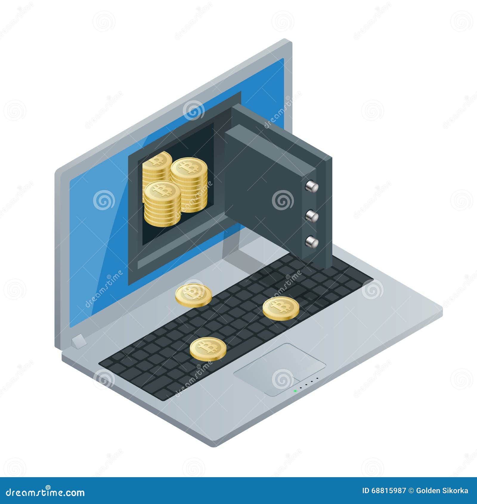 bitcoin mining equipment. digital bitcoin. golden coin with bitcoin  in electronic environment. flat 3d isometry