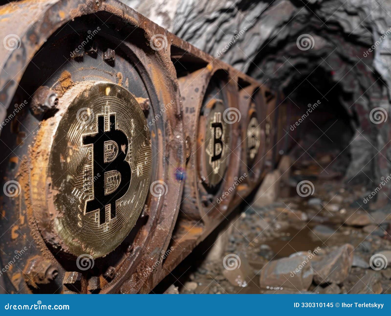 Bitcoin Mining Equipment Sits in an Abandoned Mine Illuminated by Dim Light  Stock Image - Image of metallic, rust: 330310145