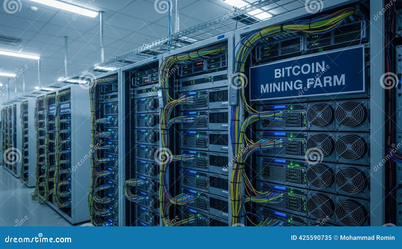 Bitcoin Mining Farm with Rows of Computer Servers Stock Illustration -  Illustration of system, market: 425590735