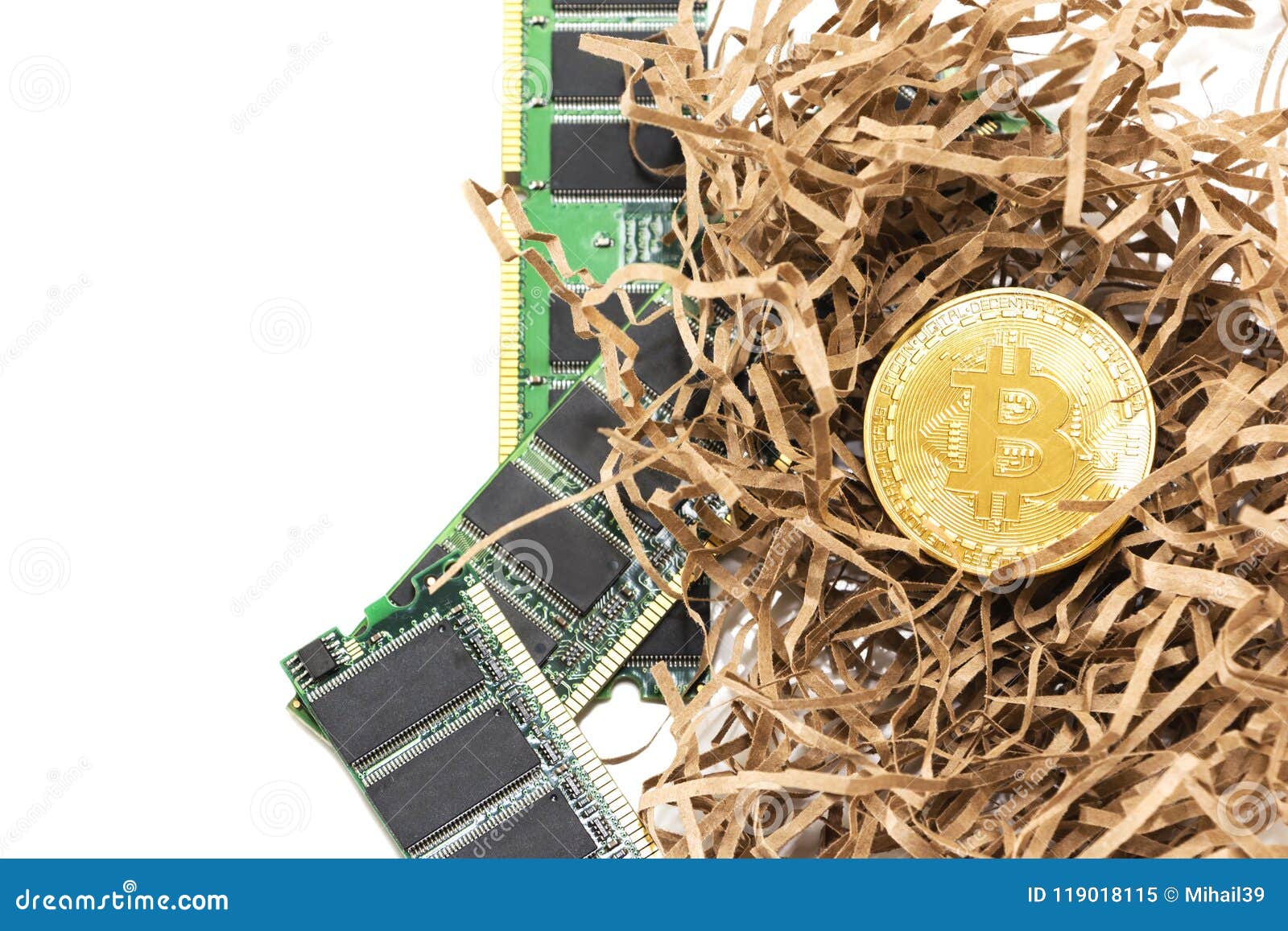 Bitcoin Mining Process Gold Coin On Computer Circuit Board With - 