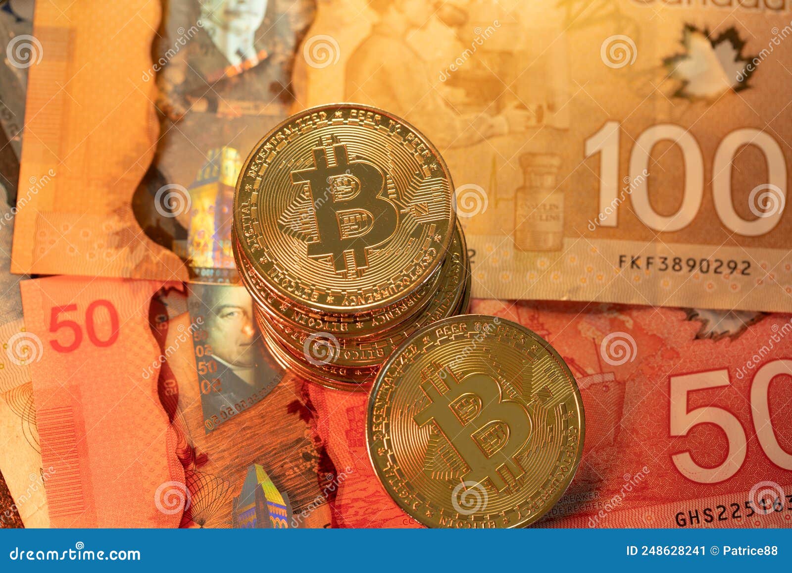 Bitcoin on Modern Canadian Polymer Banknotes. Trading Bitcoin with Canadian  Dollar Editorial Photo - Image of legal, paycheck: 248628241