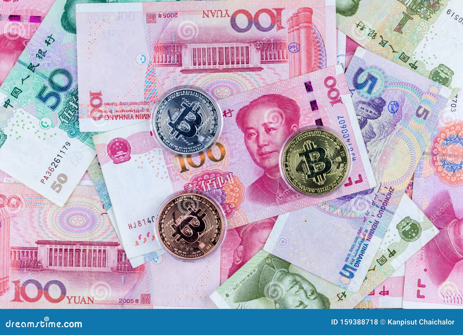 Bitcoin New Virtual Money And Banknotes Yuan Background ...