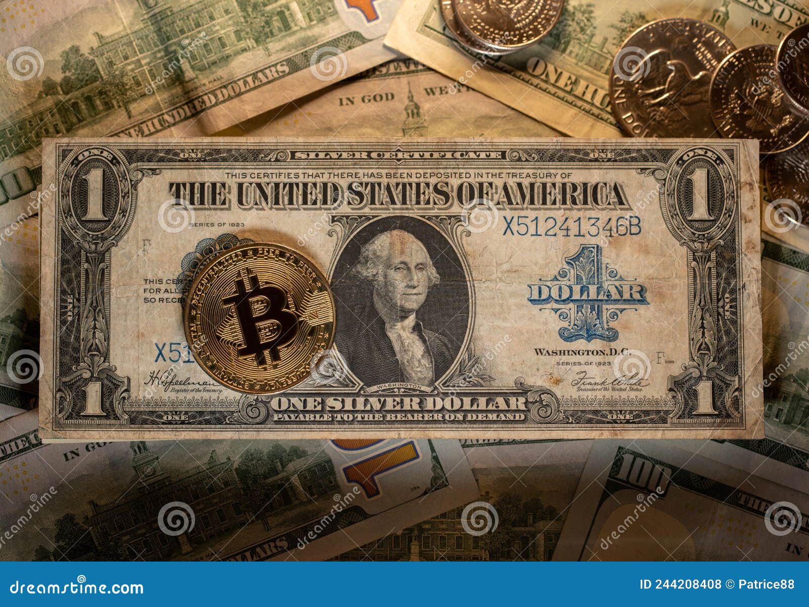 Bitcoin on Old One Dollar Banknote, Silver Certificate Bill with  Cryptocurrency Stock Photo - Image of gold, currency: 244208408