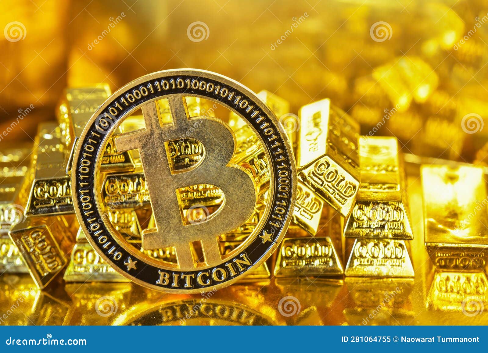 cryptocurrency stand with the stacking gold bars background