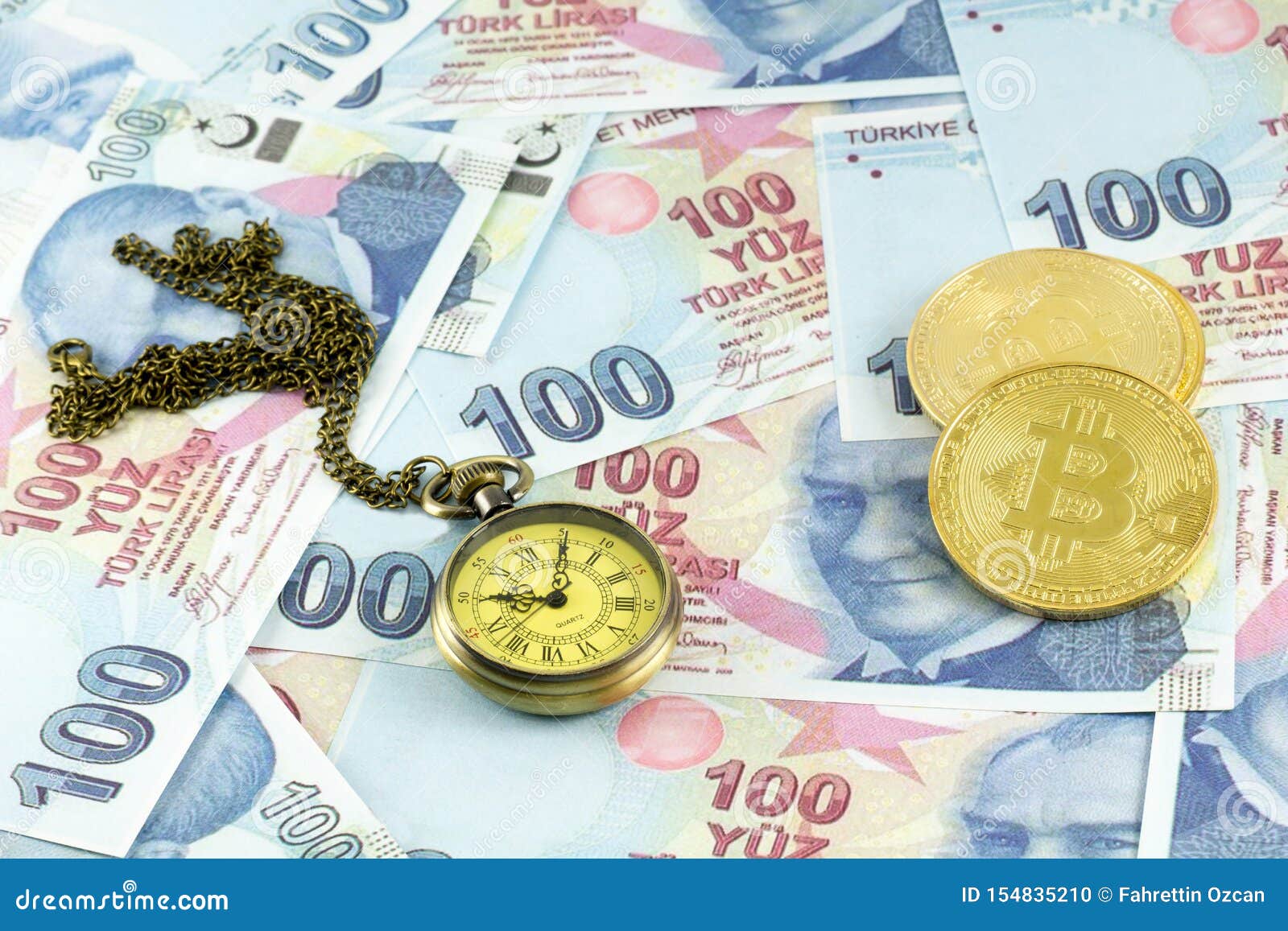 Bitcoin Over Turkish Banknotes With Pocket Watch Stock ...