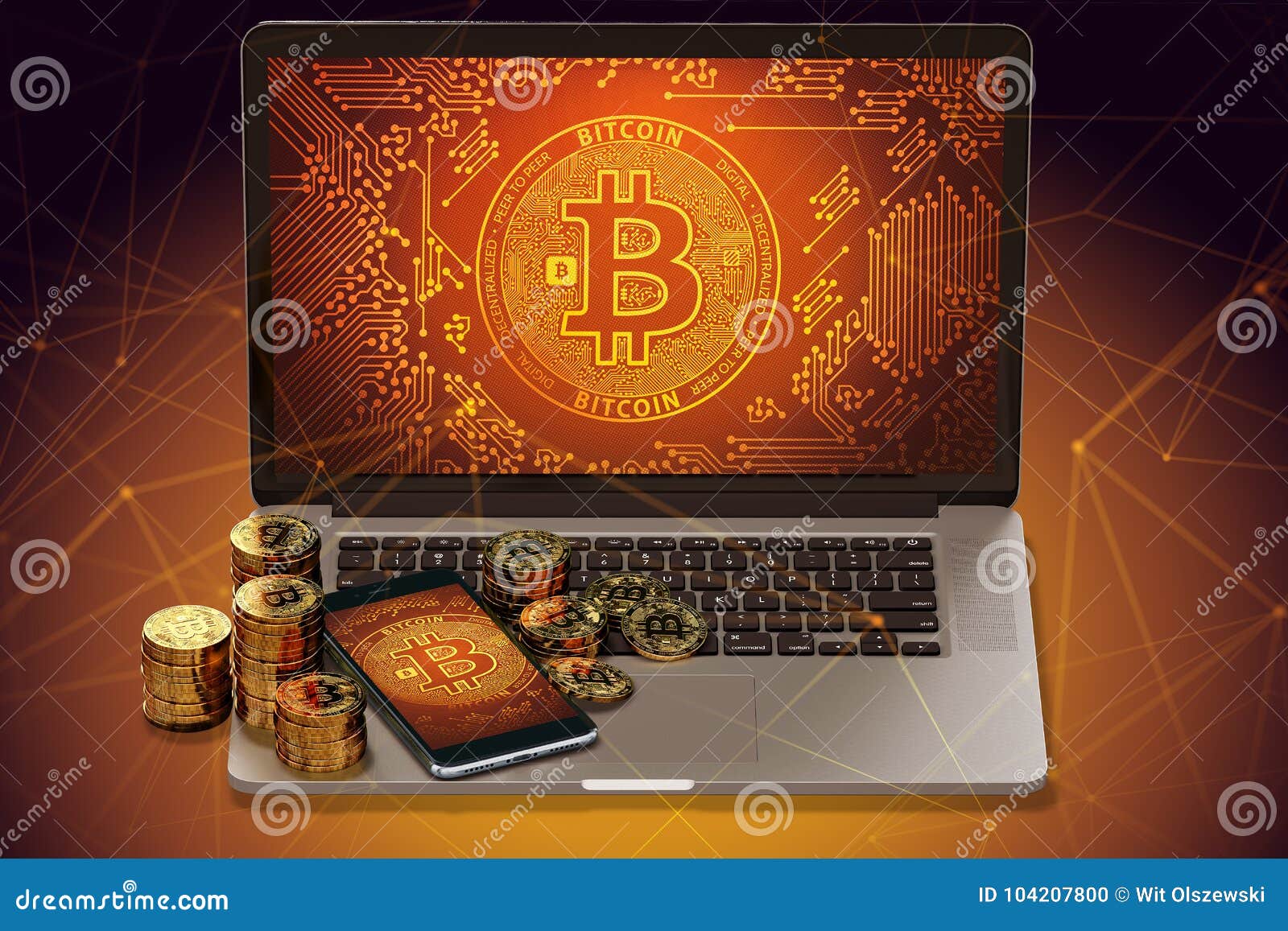 Bitcoin Piles Laying On Laptop With Bitcoin Logo On Screen And - 