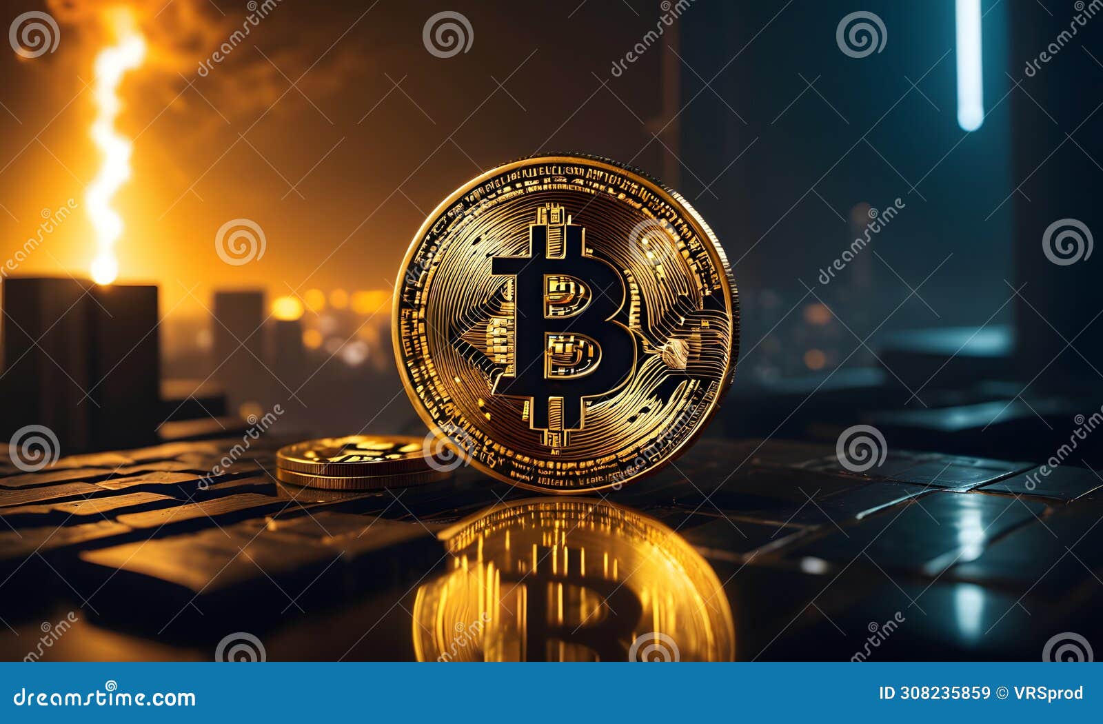 Bitcoin Resting on Table beside Glowing Amber Fire Stock Image - Image of  outdoor, work: 308235859