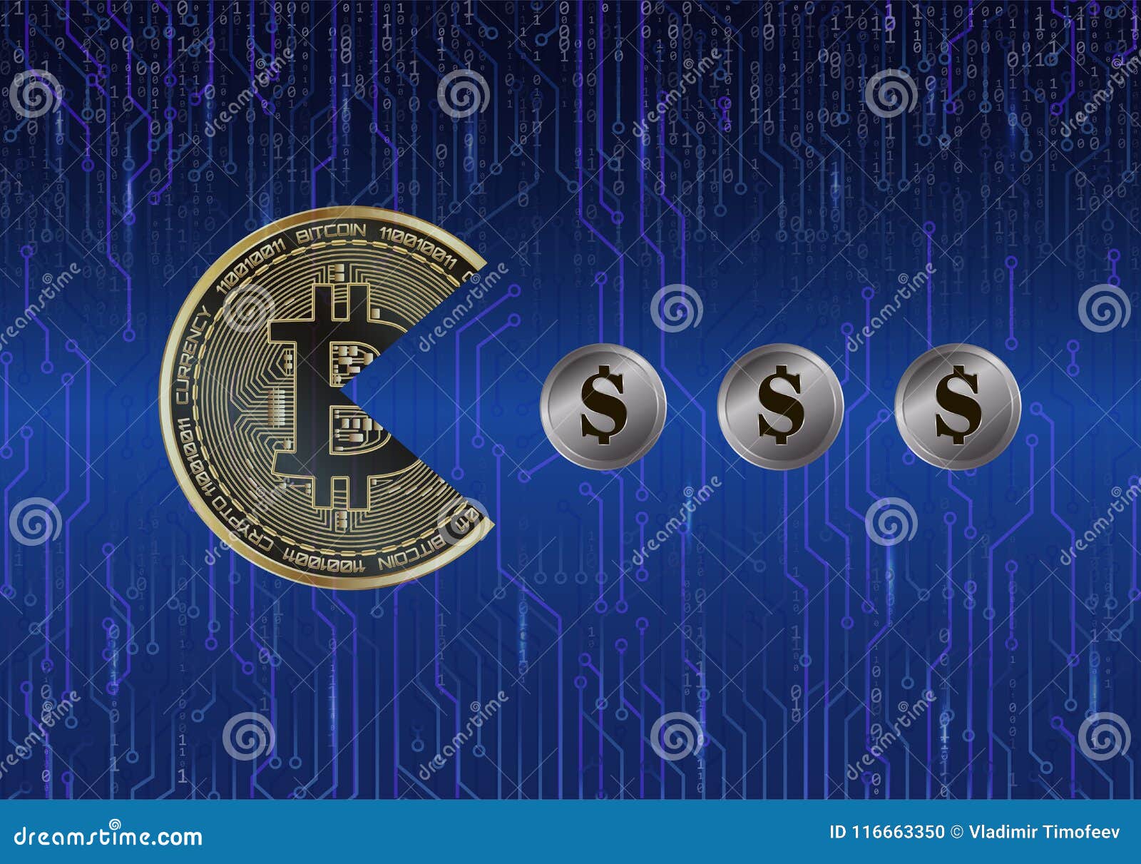 Bitcoin in the Shape of Pac-Man Eats Coins Dollars on Background Circuit  Board and Binary Code Stock Vector - Illustration of bank, history:  116663350
