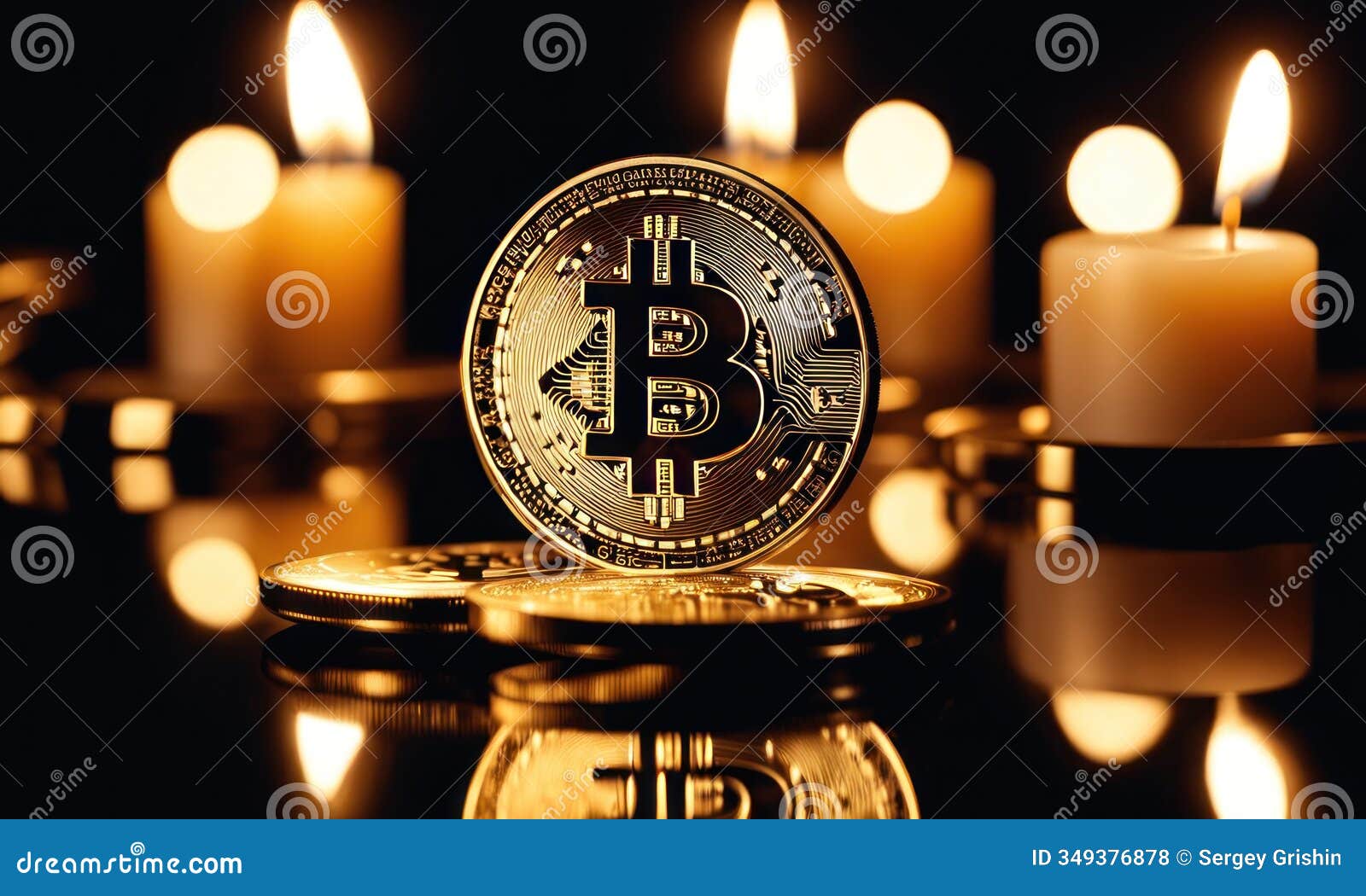 bitcoin shiners on dark mirror surface in front of candlesticks. bitcoin on glossy surface, business background with