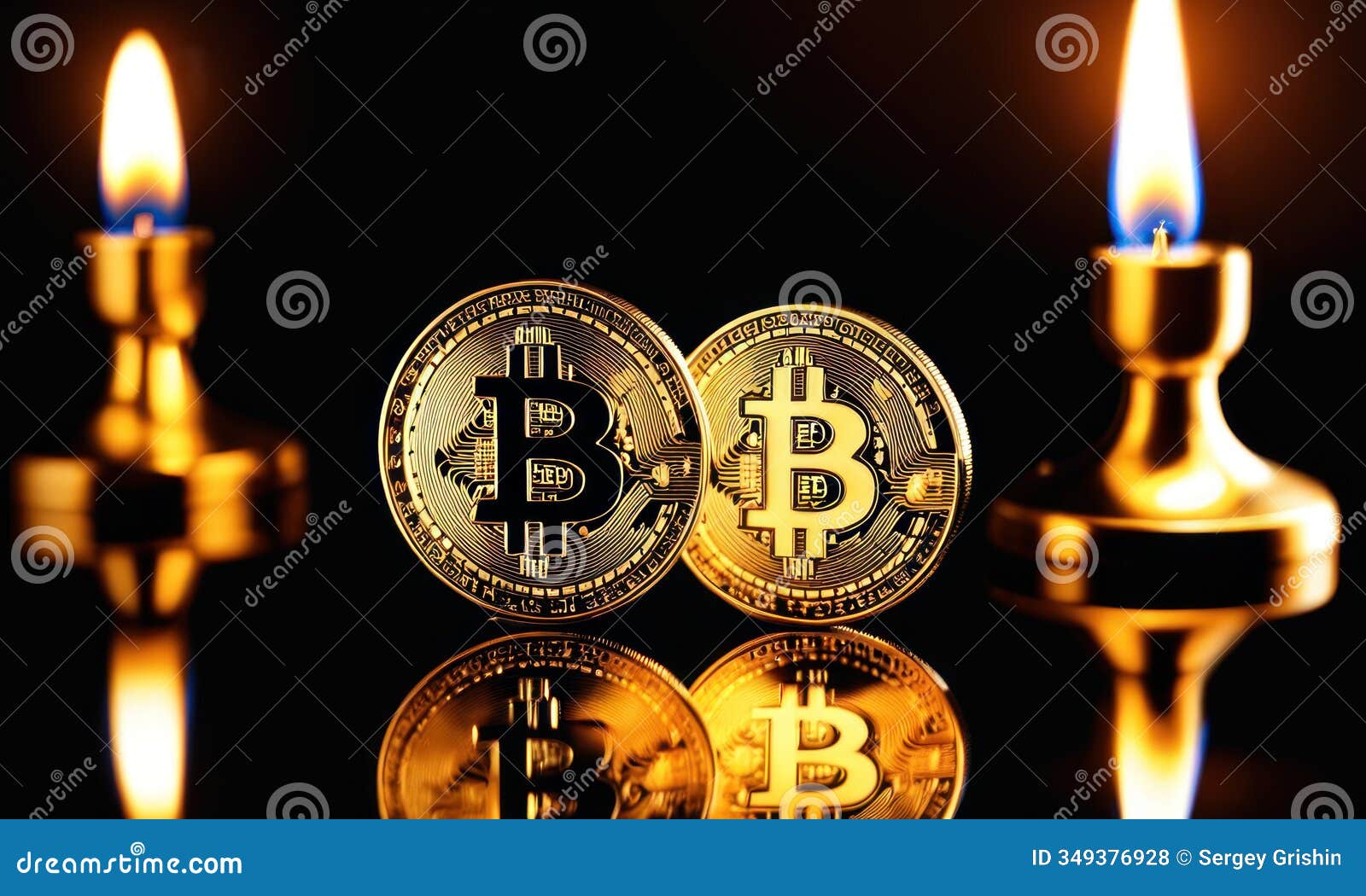 bitcoin shiners on dark mirror surface in front of candlesticks. bitcoin on glossy surface, business background with