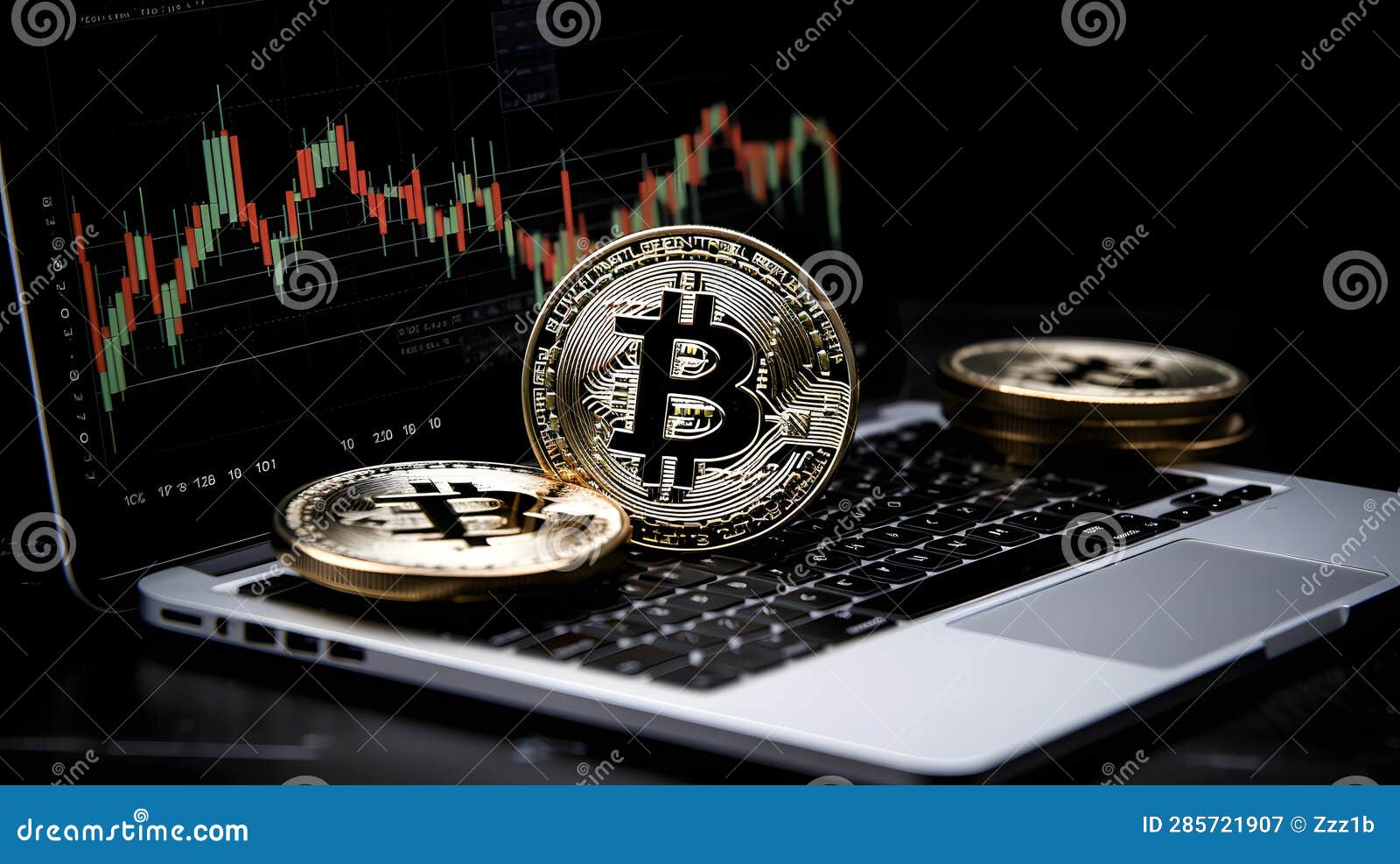 bitcoin shiners on laptop pc in front of price chart, neural network generated image