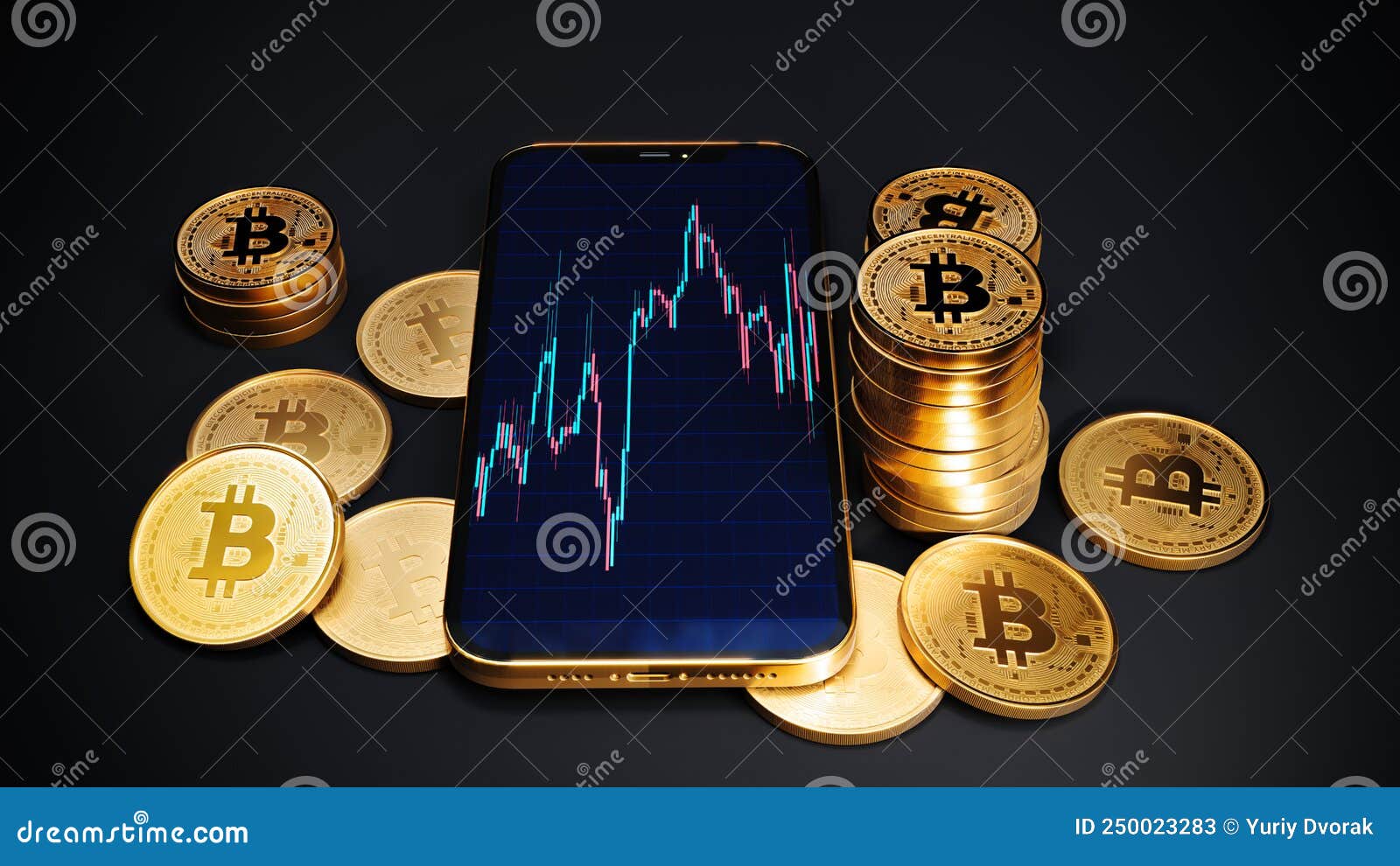bitcoin with smartphone, trading app on mobile phone next to bitcoin coins, btc blockchain cyptocurrency, 3d rendering.