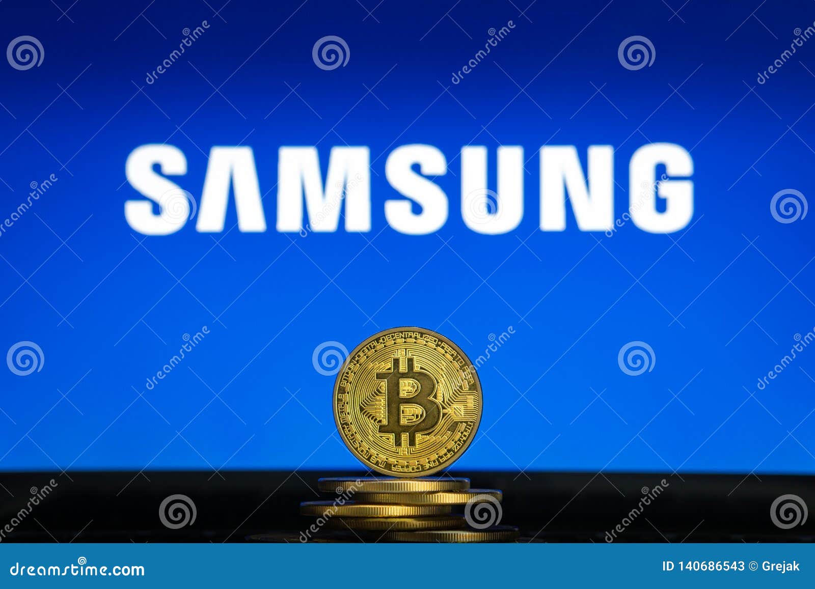 Samsung Logo on a Computer Screen with a Stack of Bitcoin Cryptocurency  Coins. Editorial Stock Photo - Image of currency, bitcoin: 140686543
