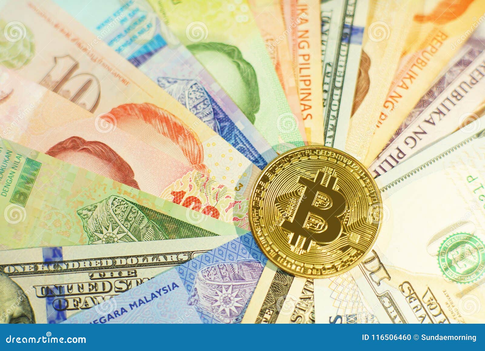 Bitcoin Stack on Multi National Banknote Bill Background, Bitcoin Concept,  Dollar, Baht, Ringit, Peso Stock Photo - Image of coins, financial:  116506460