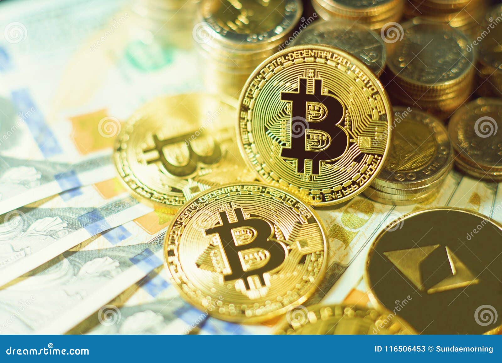 Bitcoin Stack on Multi National Banknote Bill Background, Bitcoin Concept,  Dollar, Baht, Ringit, Peso Stock Image - Image of background, invest:  116506453