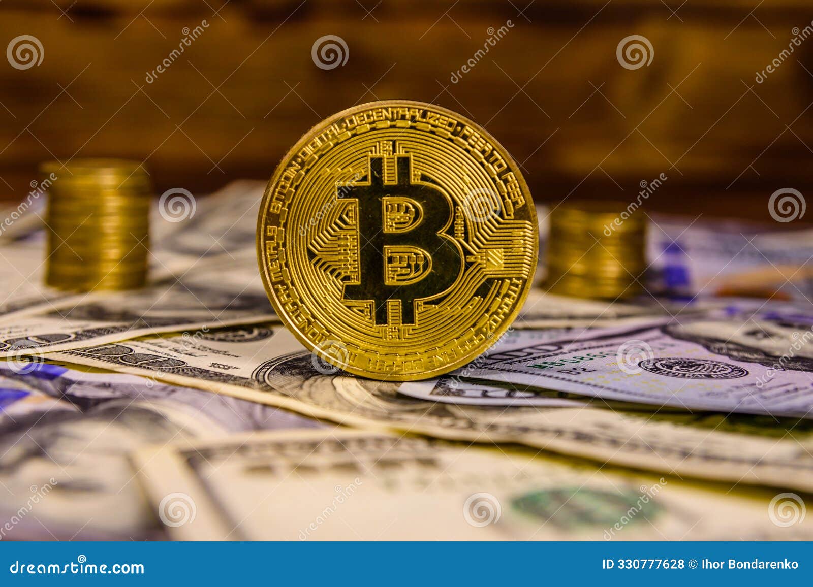 Bitcoin Stacks Coins One Hundred Dollar Bills Wooden Table Stock Photos -  Free & Royalty-Free Stock Photos from Dreamstime