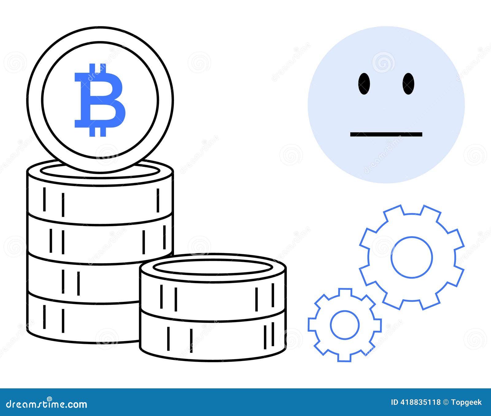 Cryptocurrency Concept with Bitcoin Stack, Neutral Face, and Gears for  Blockchain Technology Stock Illustration - Illustration of economy,  interaction: 418835118