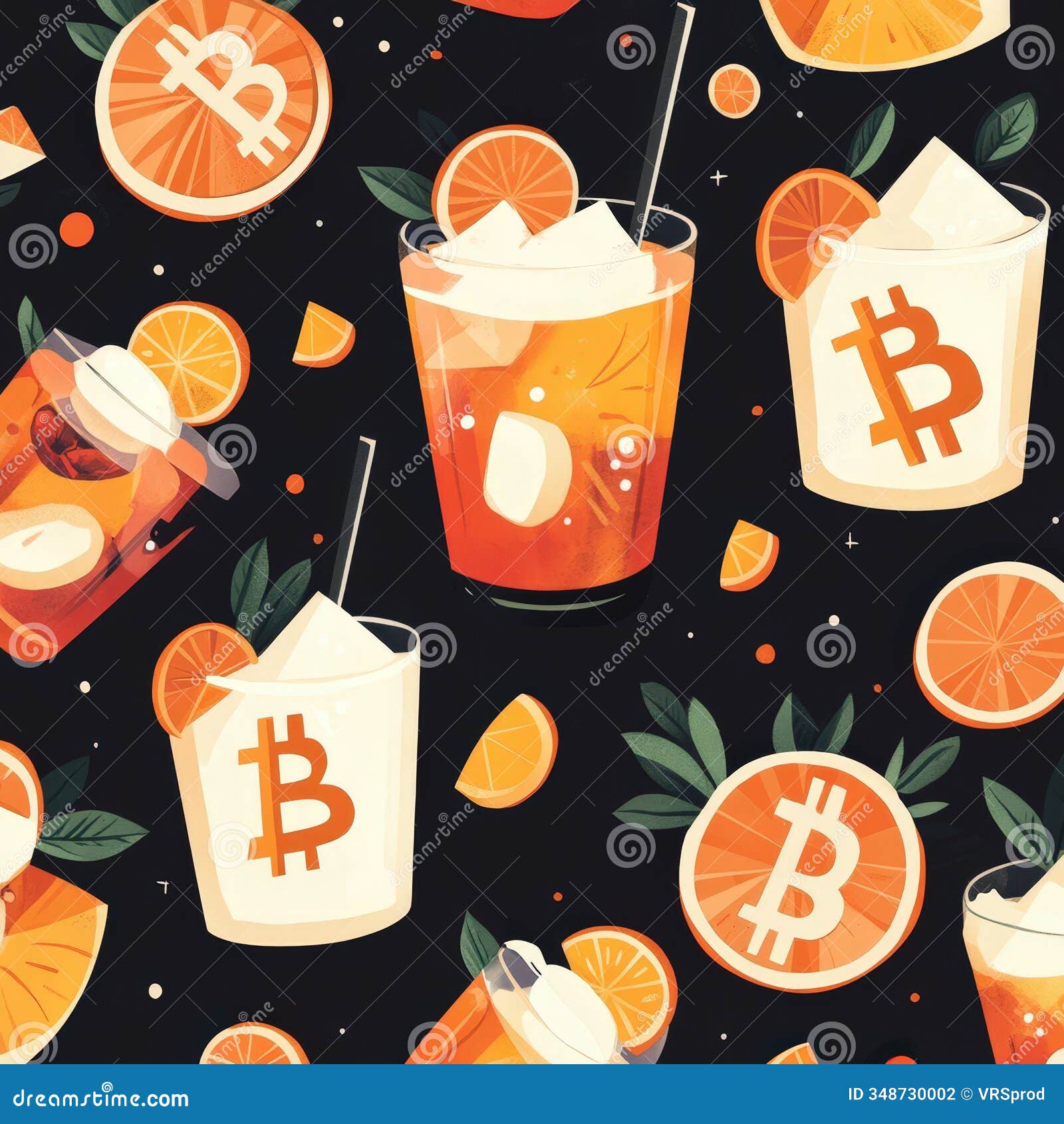 bitcoin-themed cocktails and oranges on dark background pattern