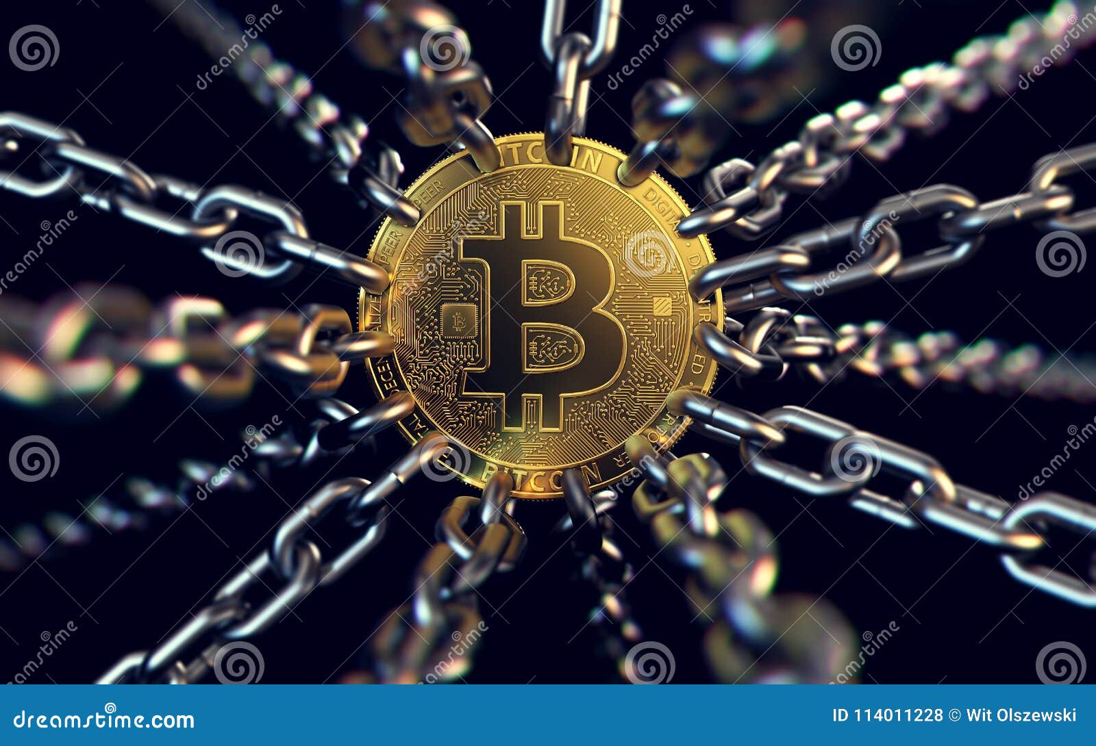 bitcoin trapped with chains - as governments try to ban it. 3d rendering