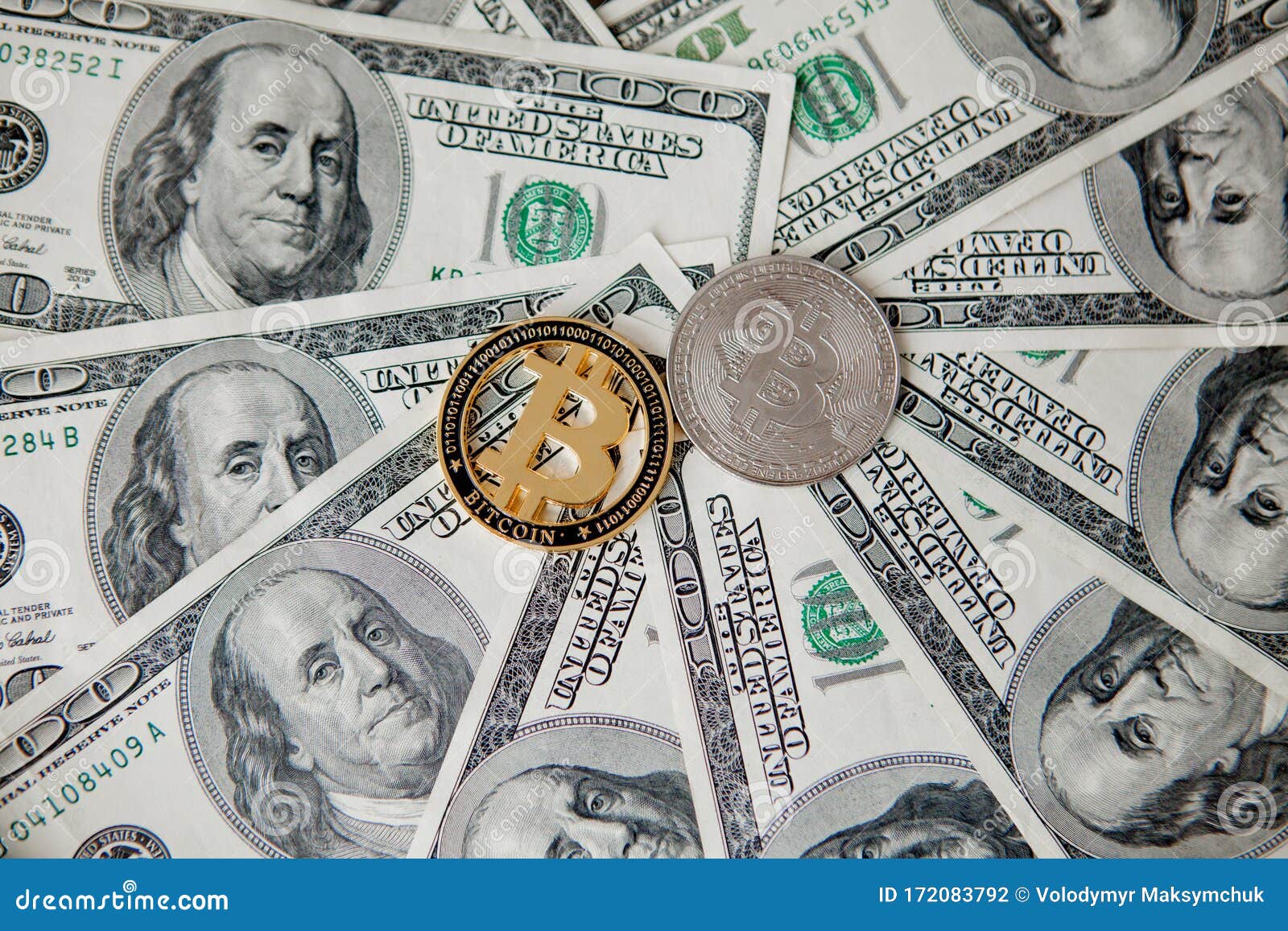 Bitcoin on US Dollar Bills. Electronic Money Exchange Concept Stock