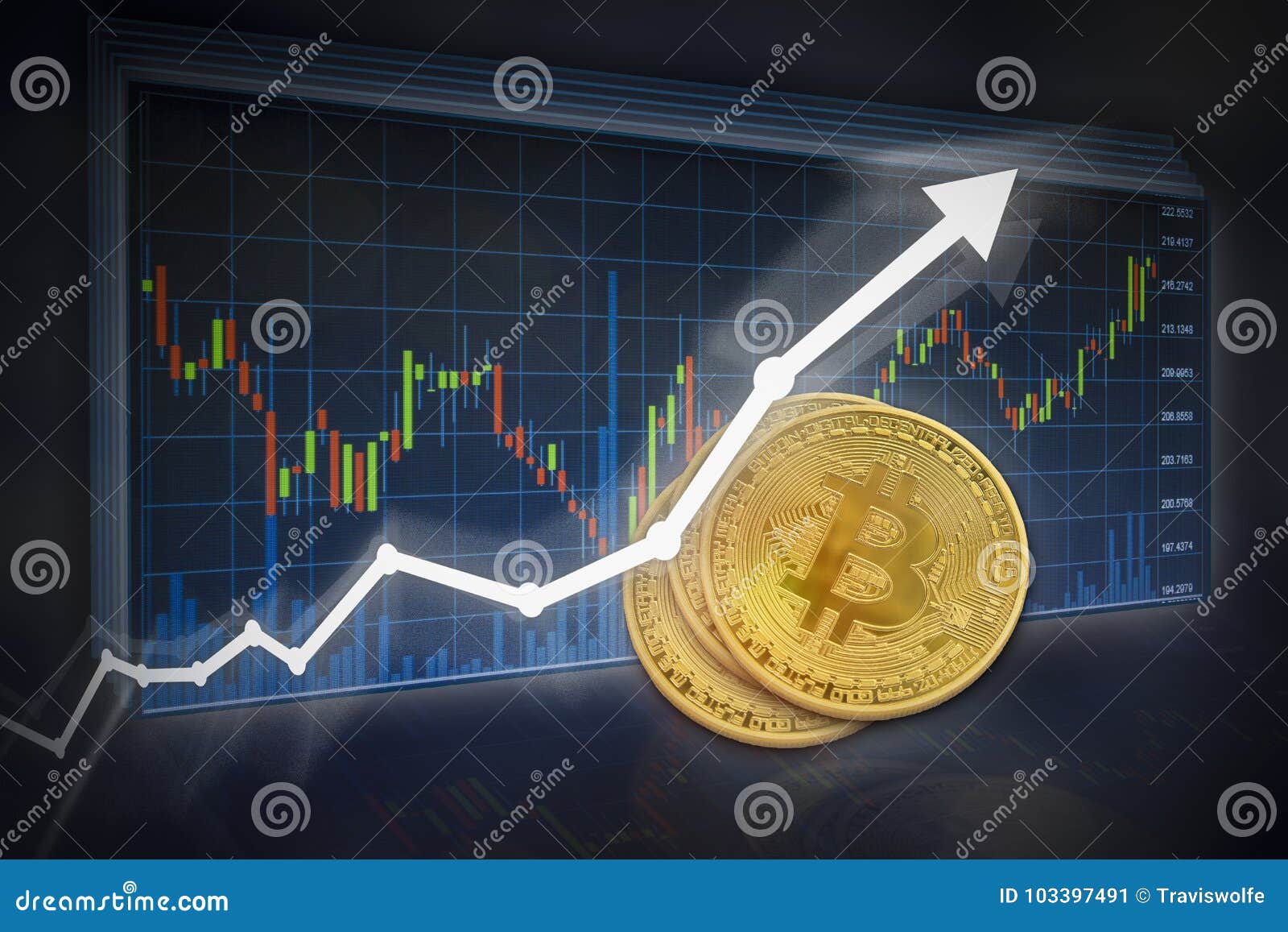 Bitcoin with Value Increase White Arrow and Candlestick Charts with