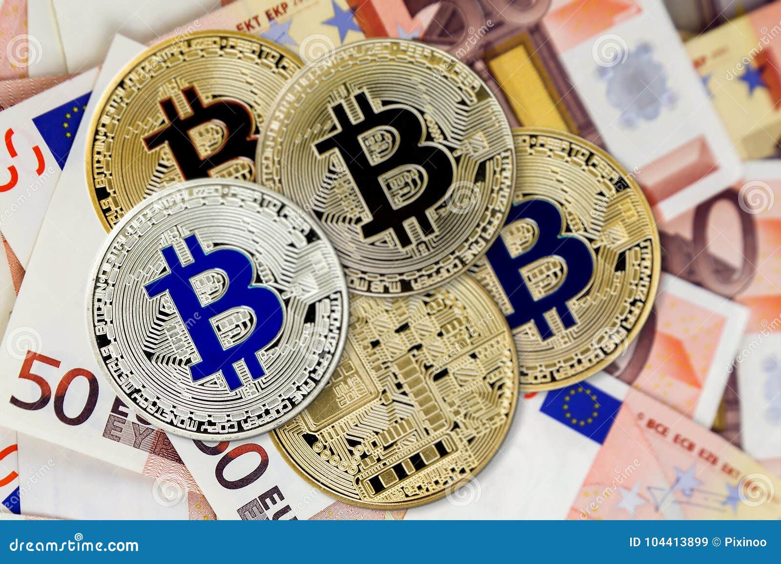 Bitcoin Virtual Coins On Euros Banknotes. Closeup, Macro ...