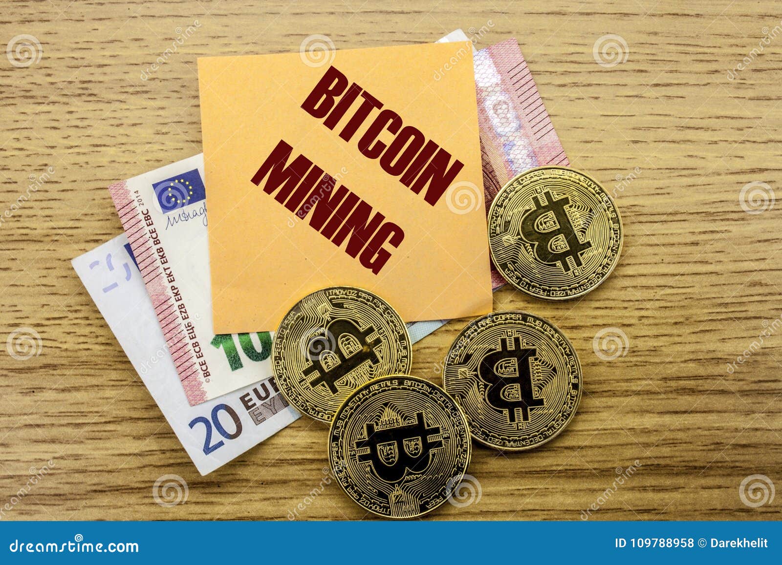 Bitcoins, Bit Coin on Euro, Dollars Notes Witch Sticky Note on Wooden  Background, BITCOIN MINING Stock Photo - Image of global, electronic:  109788958