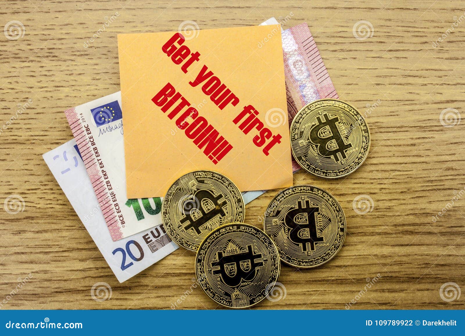 Bitcoins Bit Coin On Euro Dollars Notes Witch Sticky Note On - 