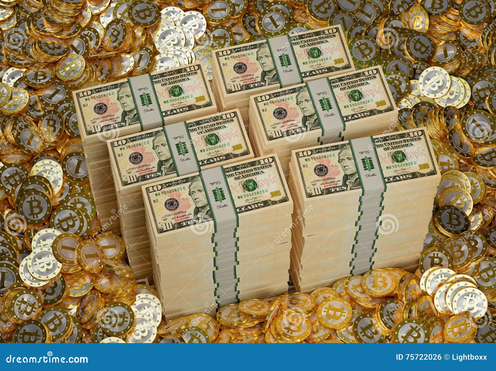 Bitcoins And Dollar - 3D Rendering Stock Illustration ...