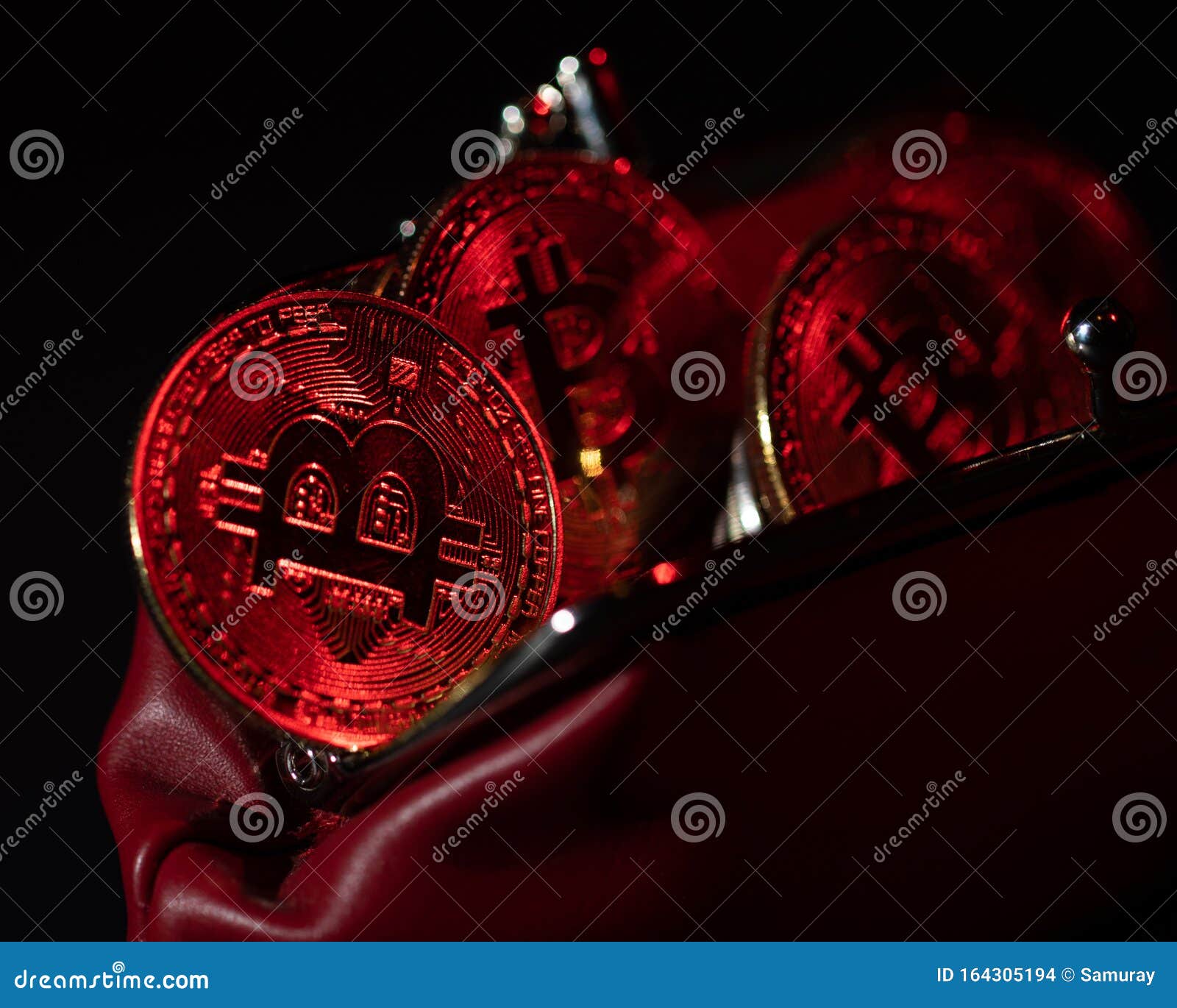 Bitcoins in Red Leather Wallet on Black Stock Photo - Image of business ...