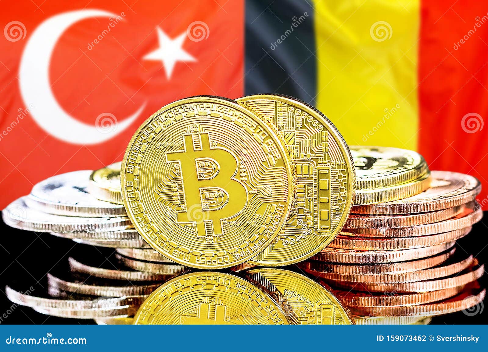 Bitcoins On Turkey And Belgium Flag Background Stock Photo ...