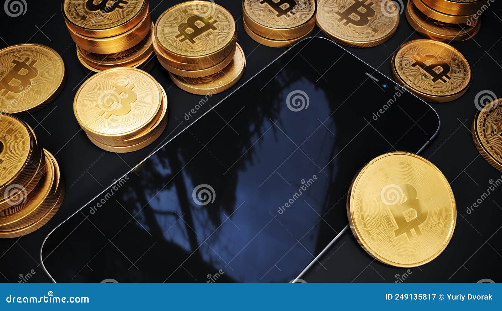 bitcoinwith smartphone, blockchain cyptocurrency btc, mobile phone next to stacks of bitcoin coins, 3d rendering