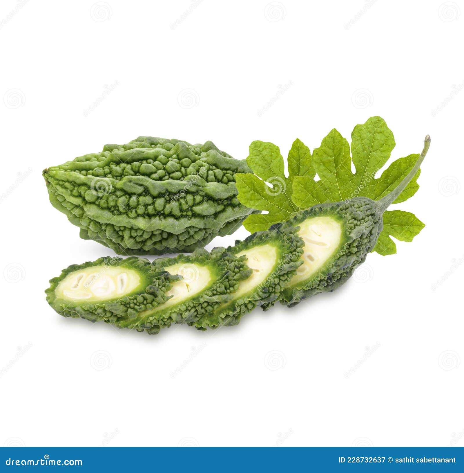 Bitter Gourd with Leaves Isolated on White Background Stock Image