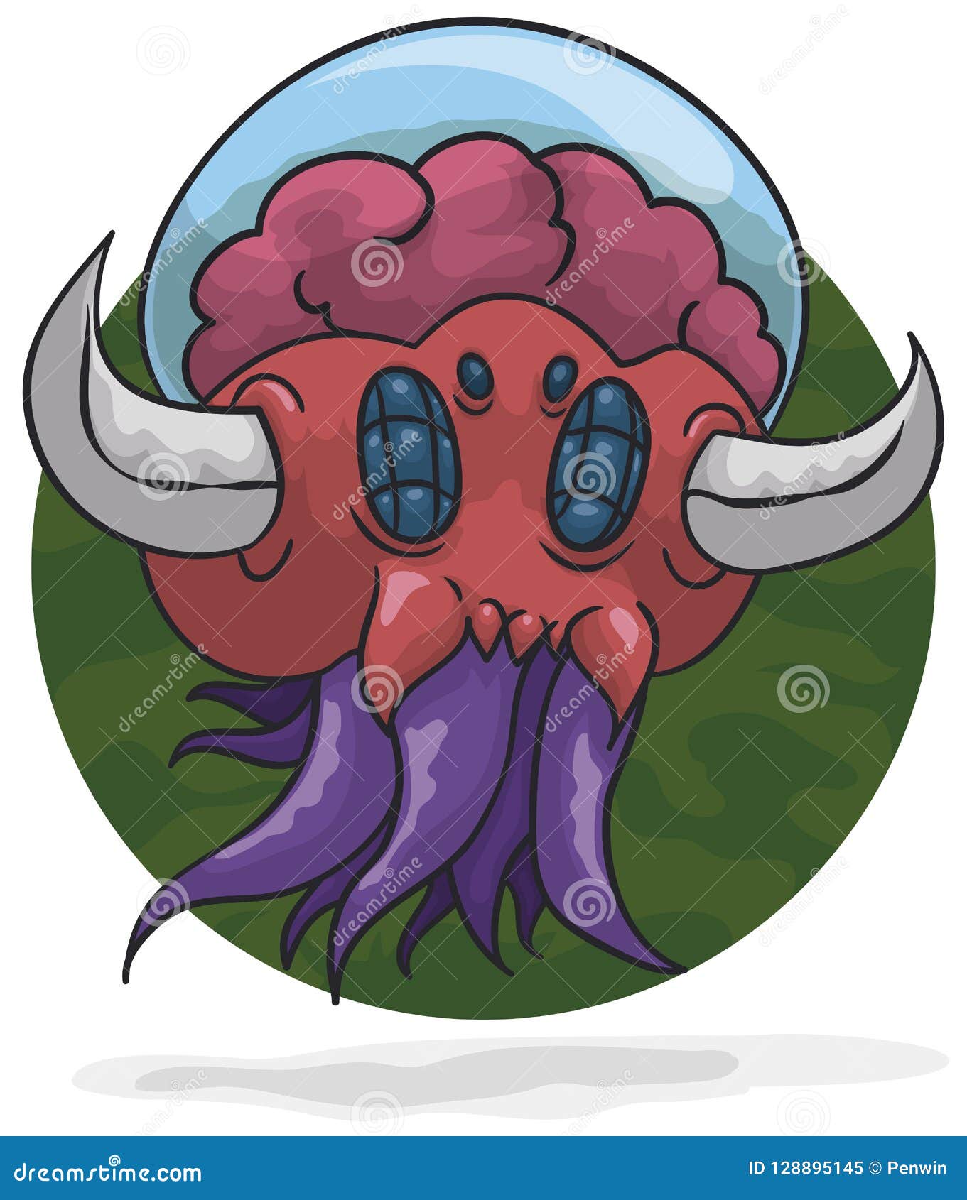 Bizarre Alien with Horns, Tentacles, Insect Eyes and Covered Brain, Vector Illustration Stock