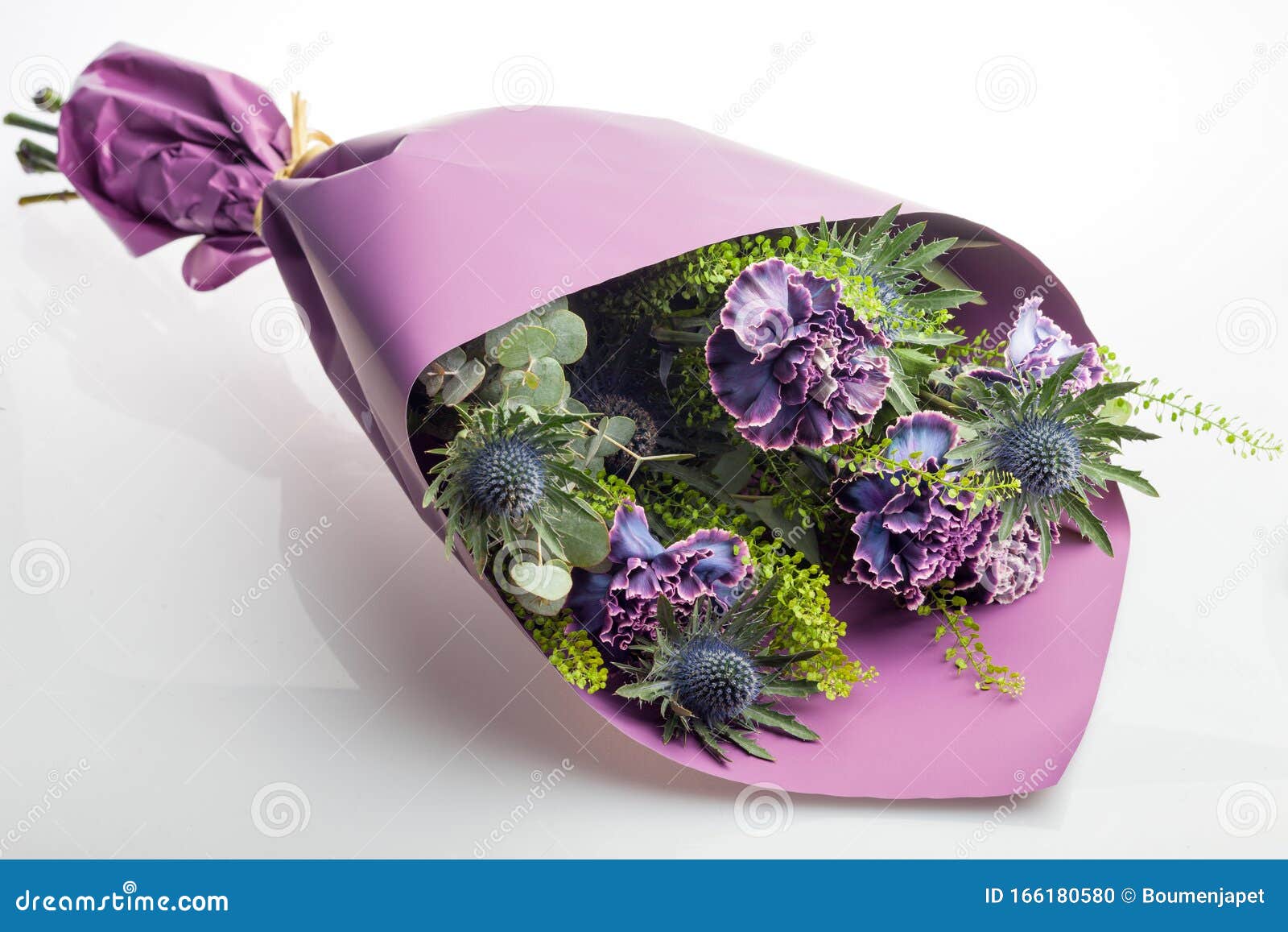 Blutenblumenzusammensetzung Von Nelken Tisteln Und Eukalyptusblattern Blumenstrauss Auf Weissem Grund Stockfoto Bild Von Schon Kunst 166180580