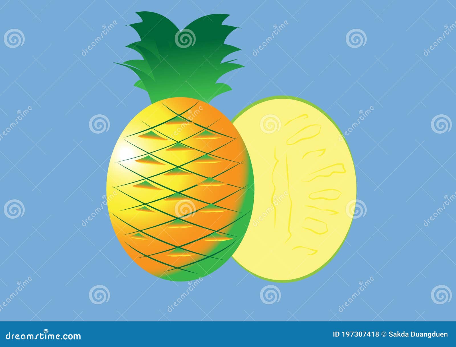 yellowish green pineapple fruit yellow inside full and half results light blue background