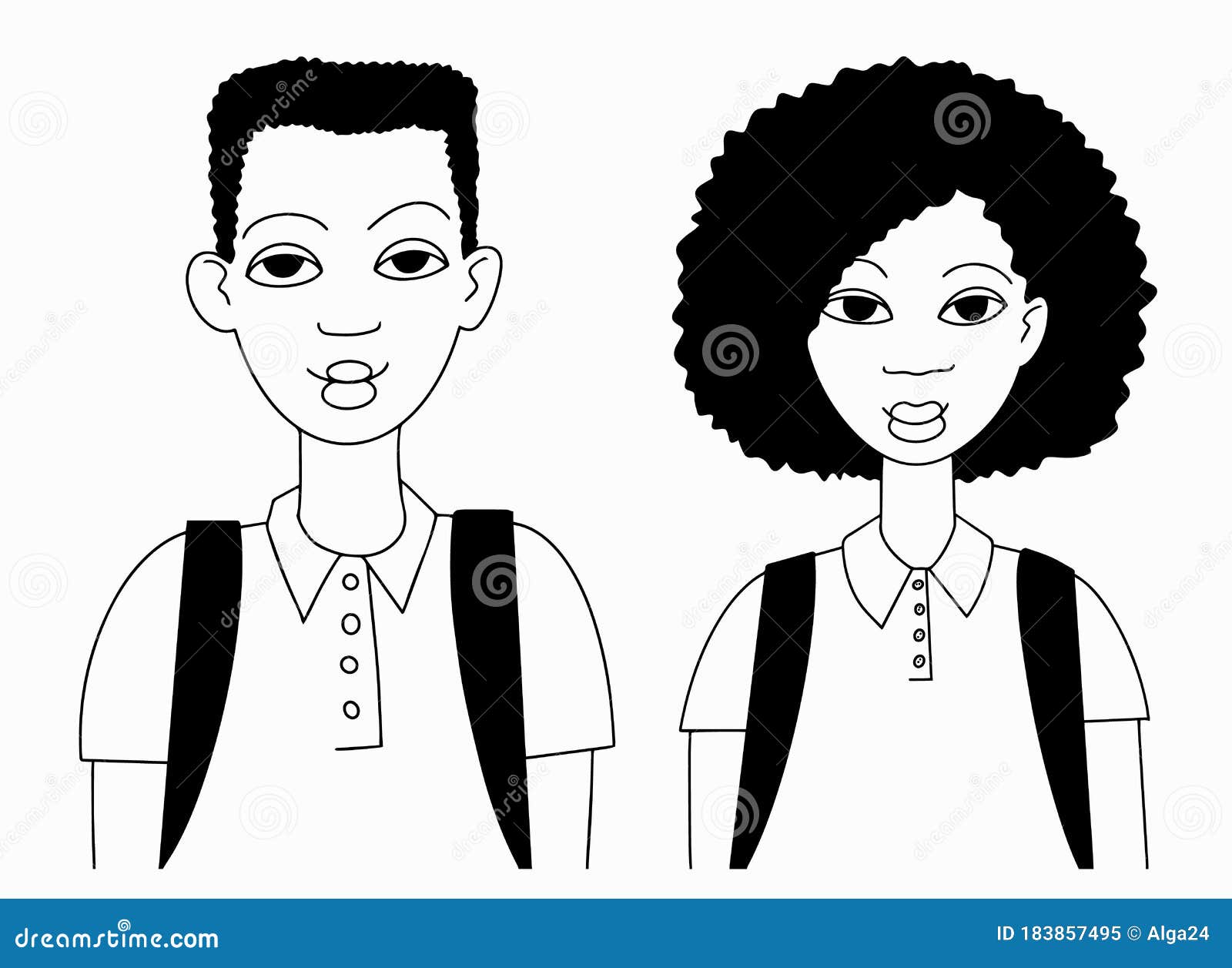 Black Afro American Boy and Girl Line Style Stock Vector - Illustration of  head, school: 183857495