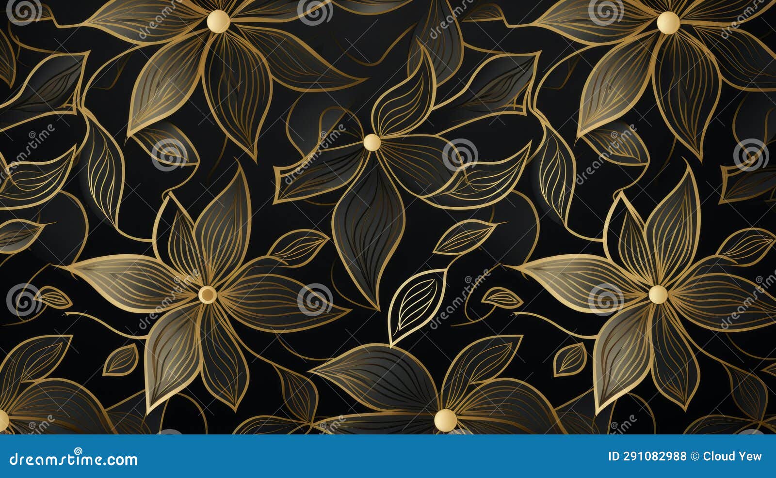 Black Background with Gold Floral and Leaf Patterns Stock Illustration