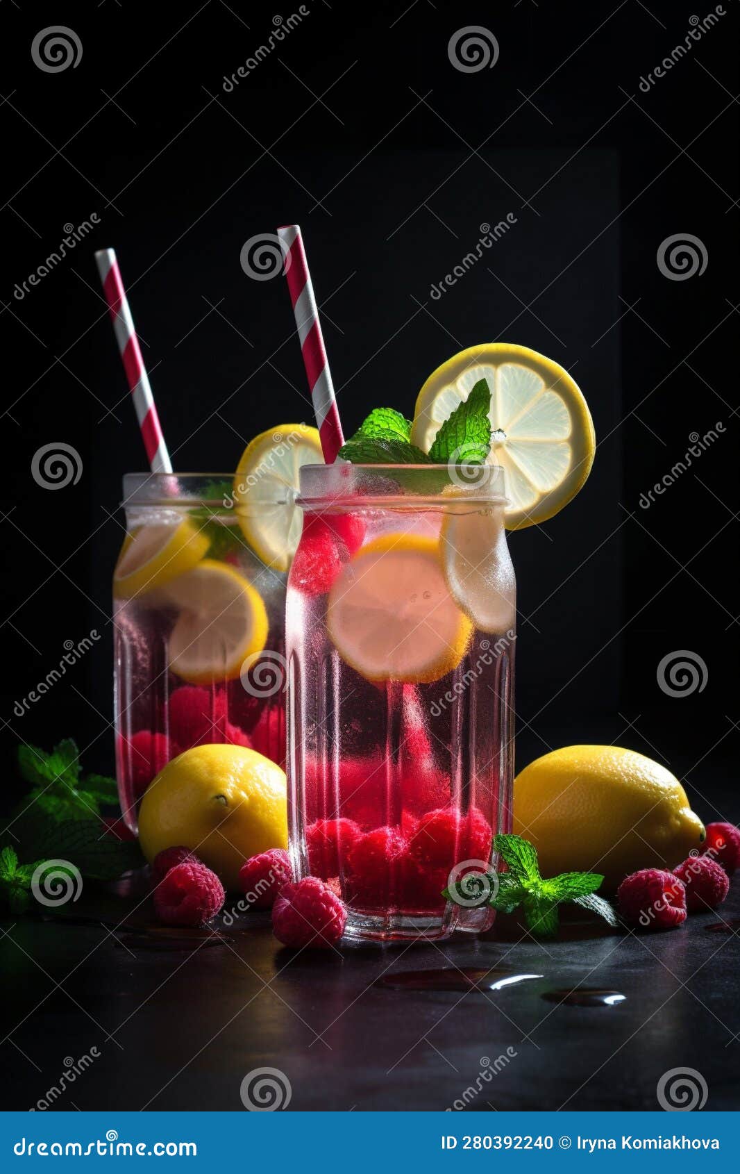 on a black background raspberry mint lemonade fresh generated ai