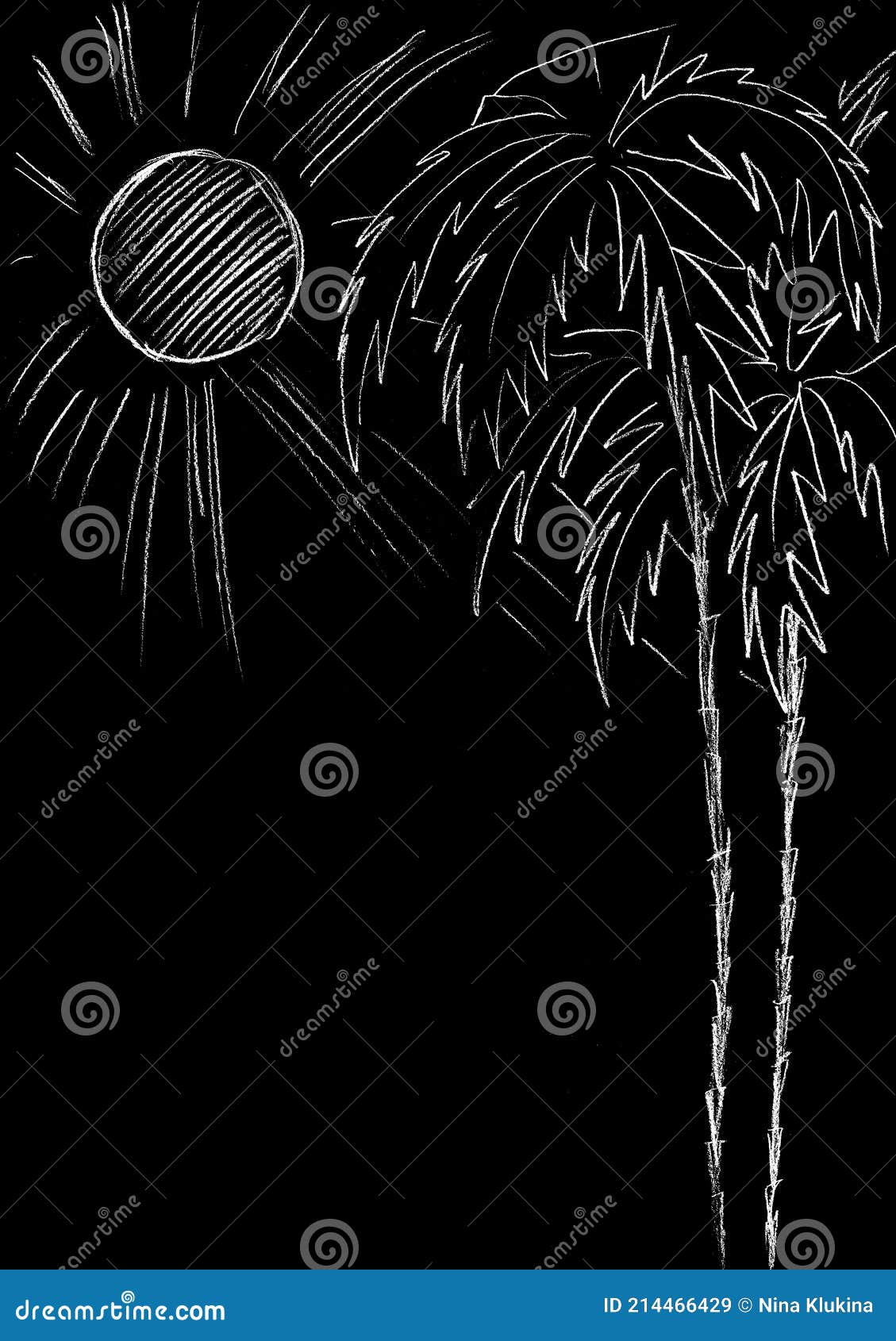 On a Black Background, Two Palm Trees and the Sun are Drawn in White