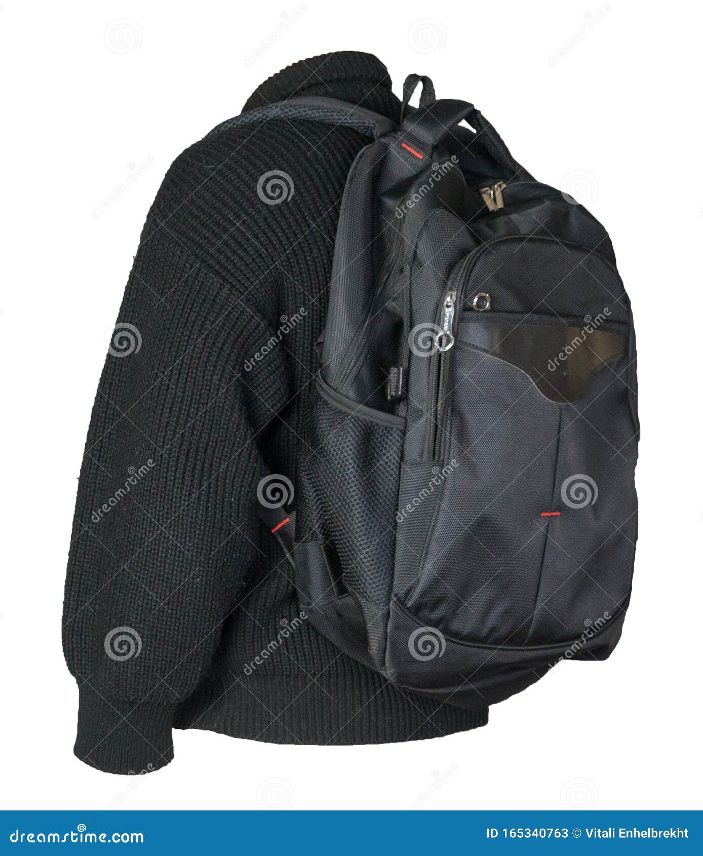 Black Backpack Dressed in a Knitted Sweater Isolated on a White