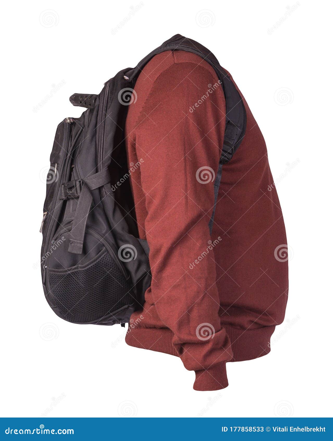 Black Backpack Dressed in a Knitted Sweater Isolated on a White