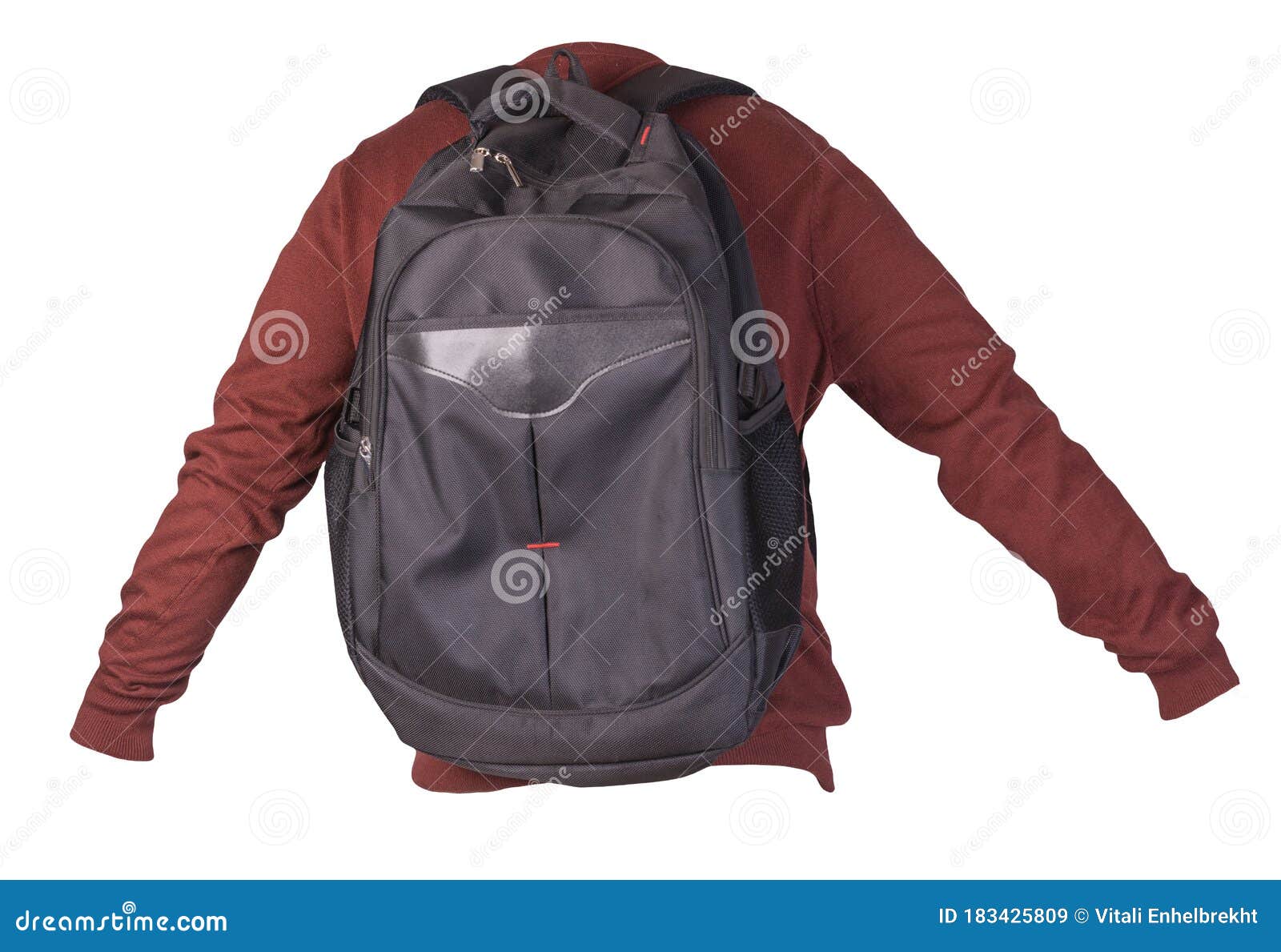 Black Backpack Dressed in a Knitted Sweater Isolated on a White