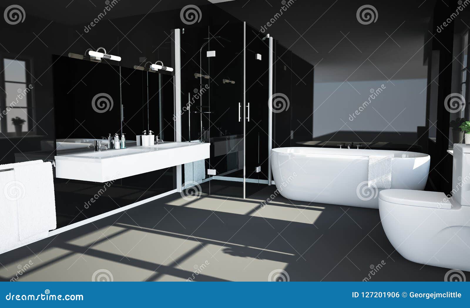 Black Bathroom with Reflective Walls Stock Photo - Image of live, fresh ...