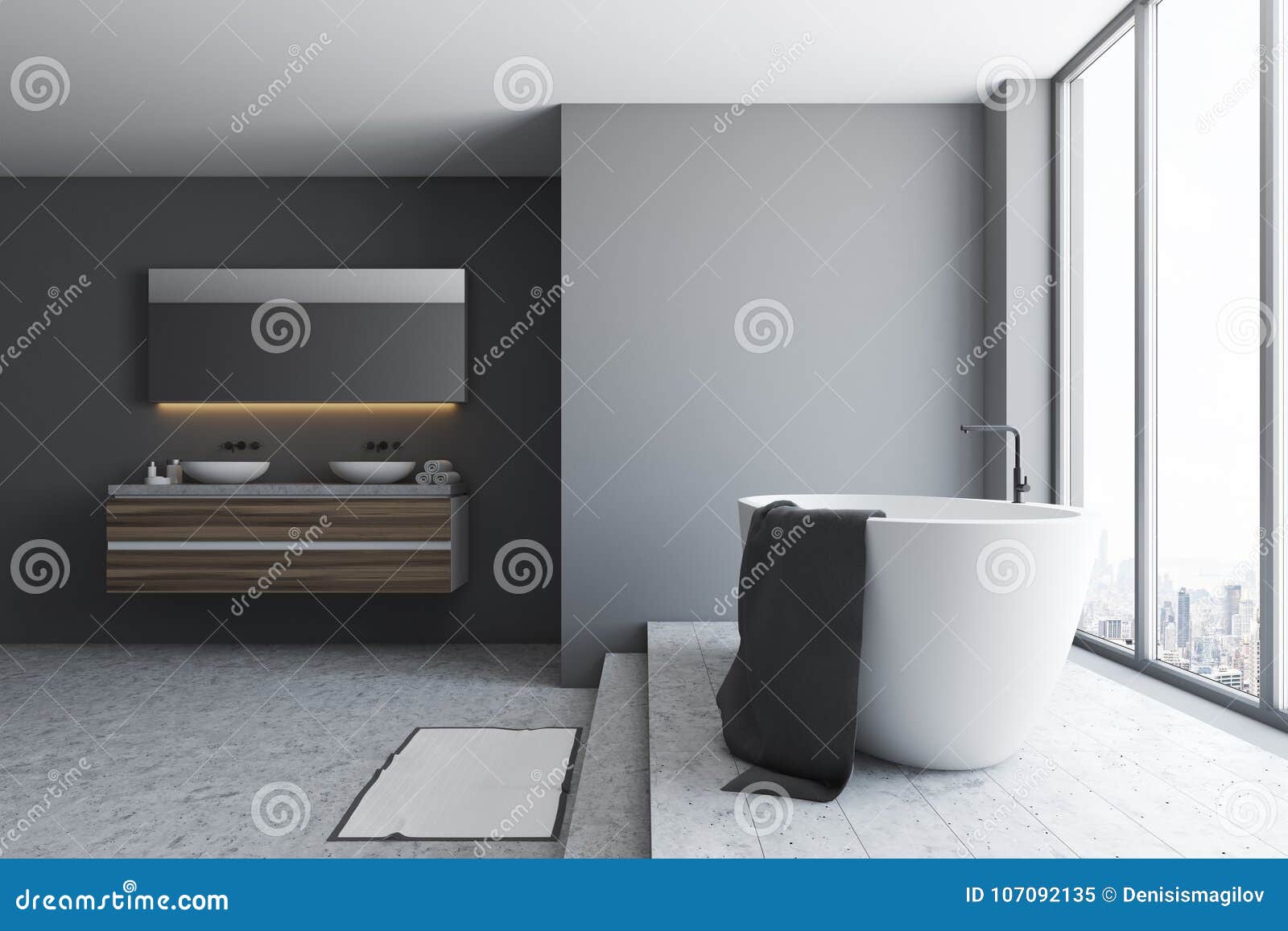 Black Bathroom, Tub and Double Sink Stock Illustration - Illustration ...