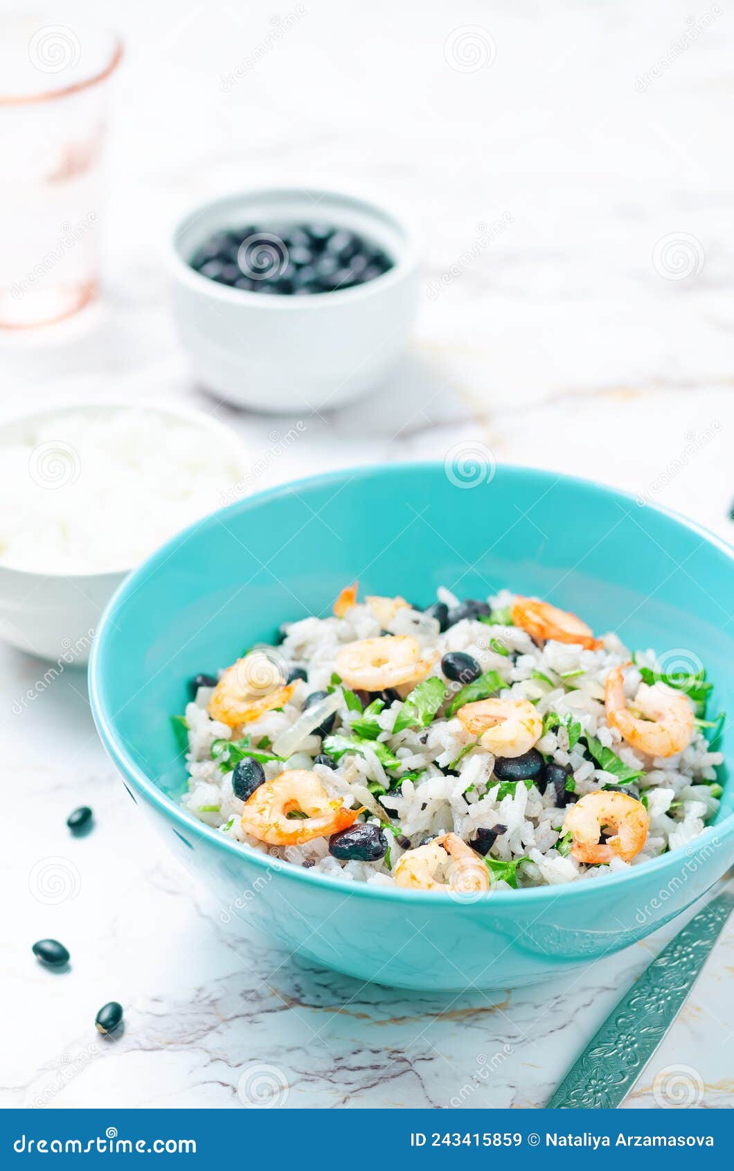 Black Beans Cilantro Shrimp Lime Rice in a Bowl Stock Image Image of