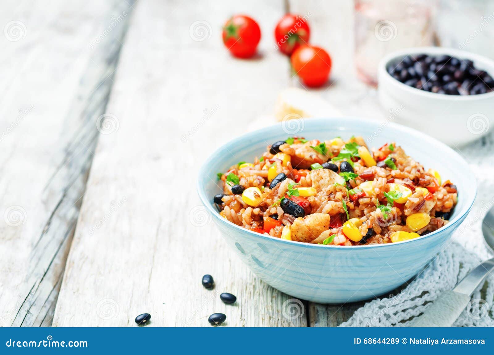 Black Beans, Corn and Tomato Red and White Rice with Chicken Stock